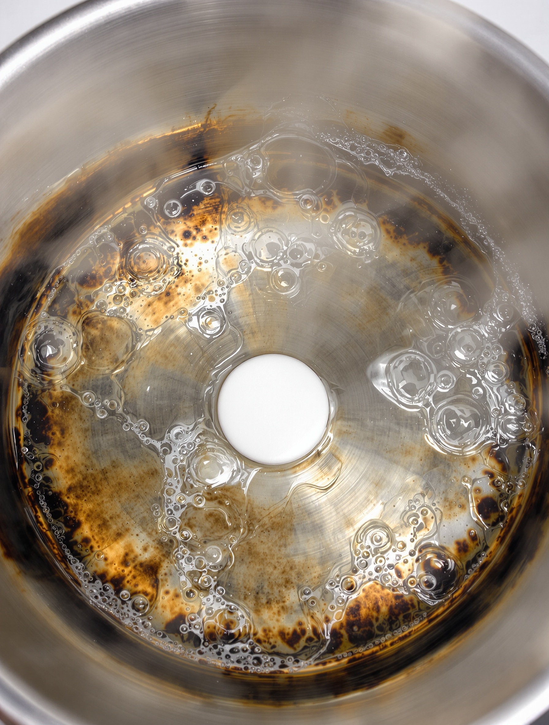 Casserole en inox avec fond brûlé, eau bouillante et pastille lave-vaisselle en dissolution.