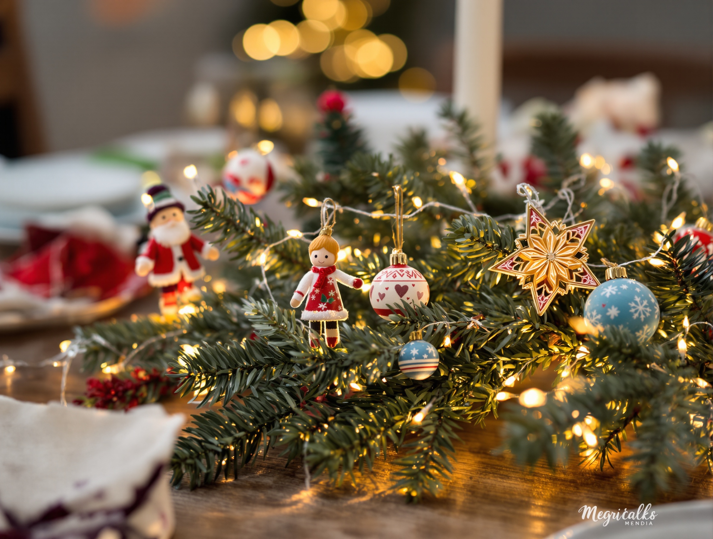 branche arbre centre de table Noël décorée boules lumières