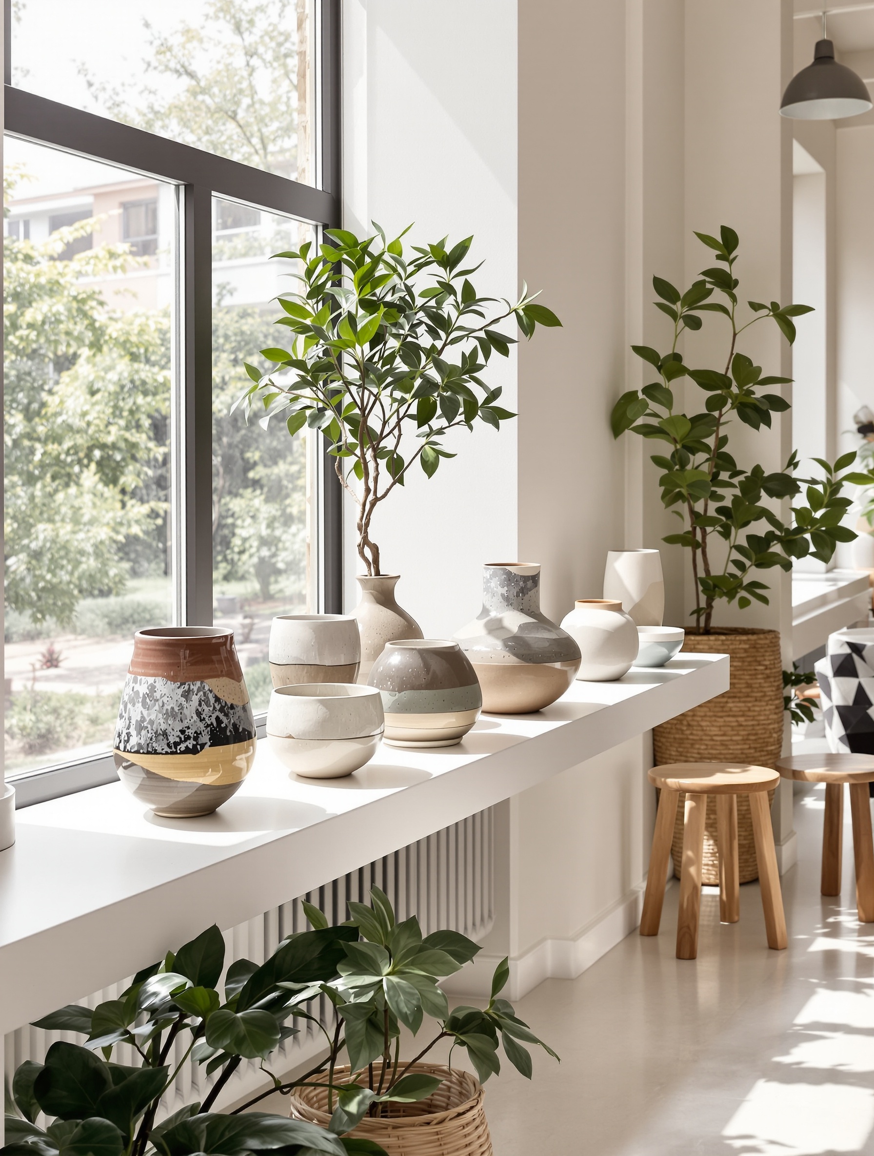 céramique contemporaine dans un intérieur moderne, pièces artisanales sur étagère, lumière naturelle
