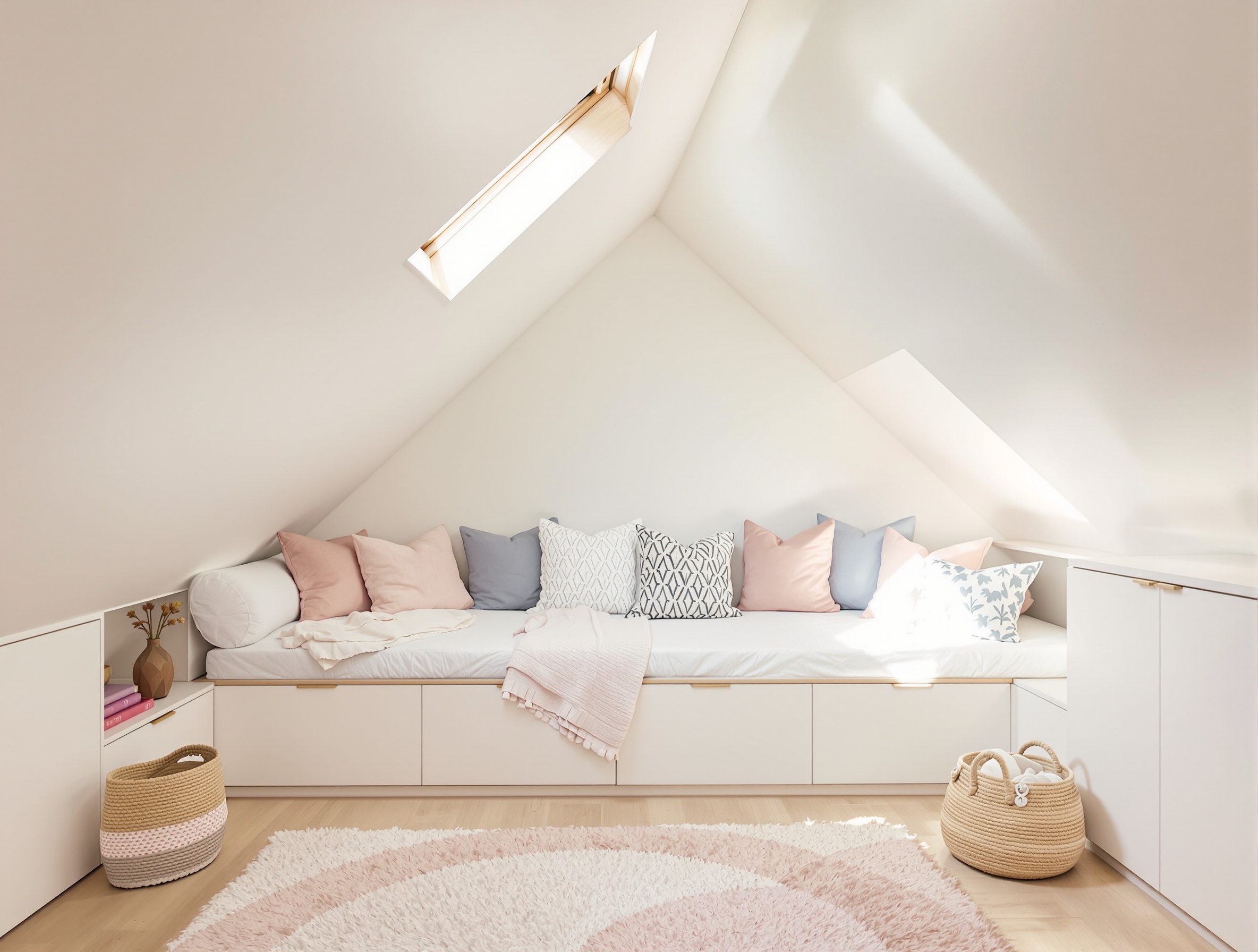 Chambre enfant sous pente avec optimisation sur mesure coin lecture cosy.