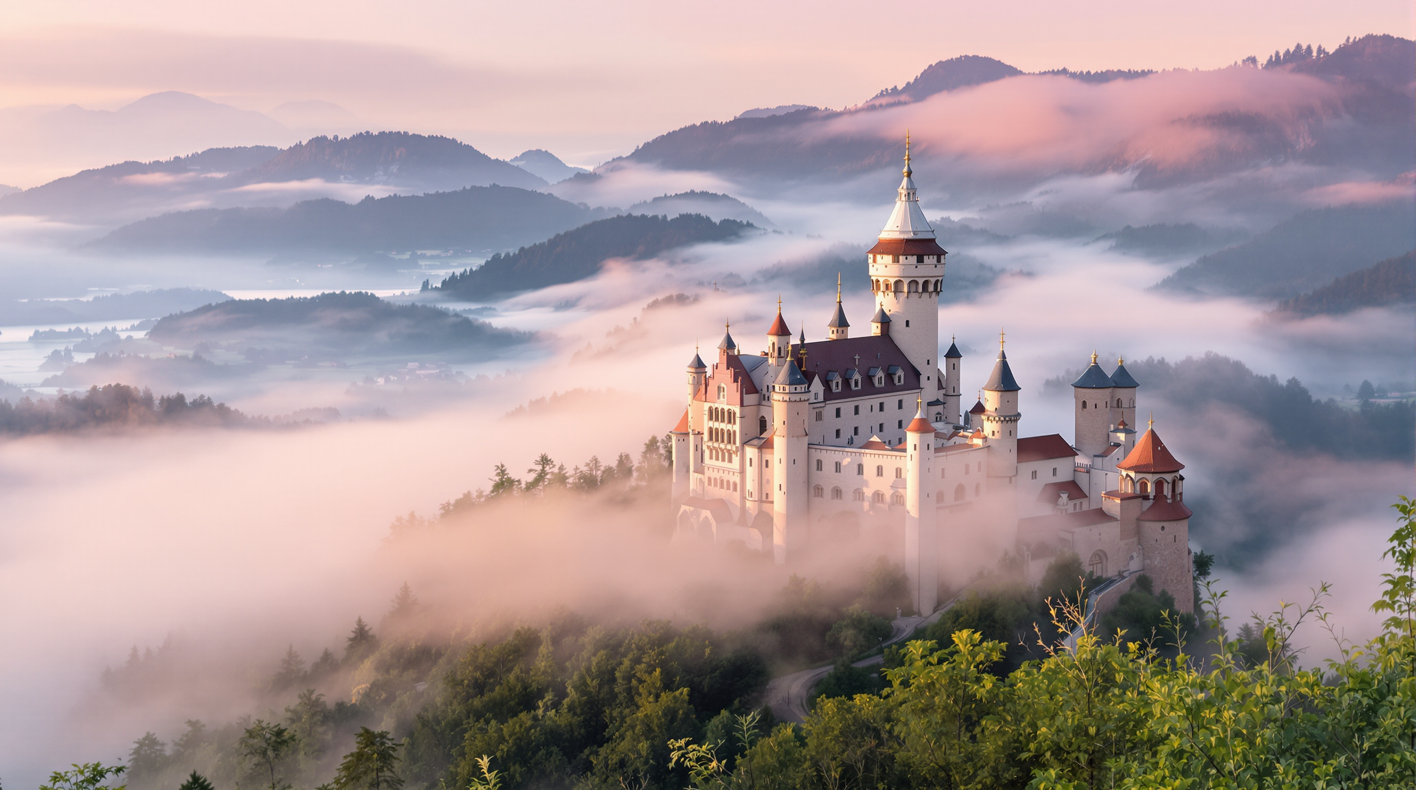 Le Château du Haut-Koenigsbourg émergeant de la brume matinale, sa silhouette de grès rose semblant tout droit sortie d’un conte de fées un peu trop zélé. La vue met en évidence sa position dominante sur les Vosges.