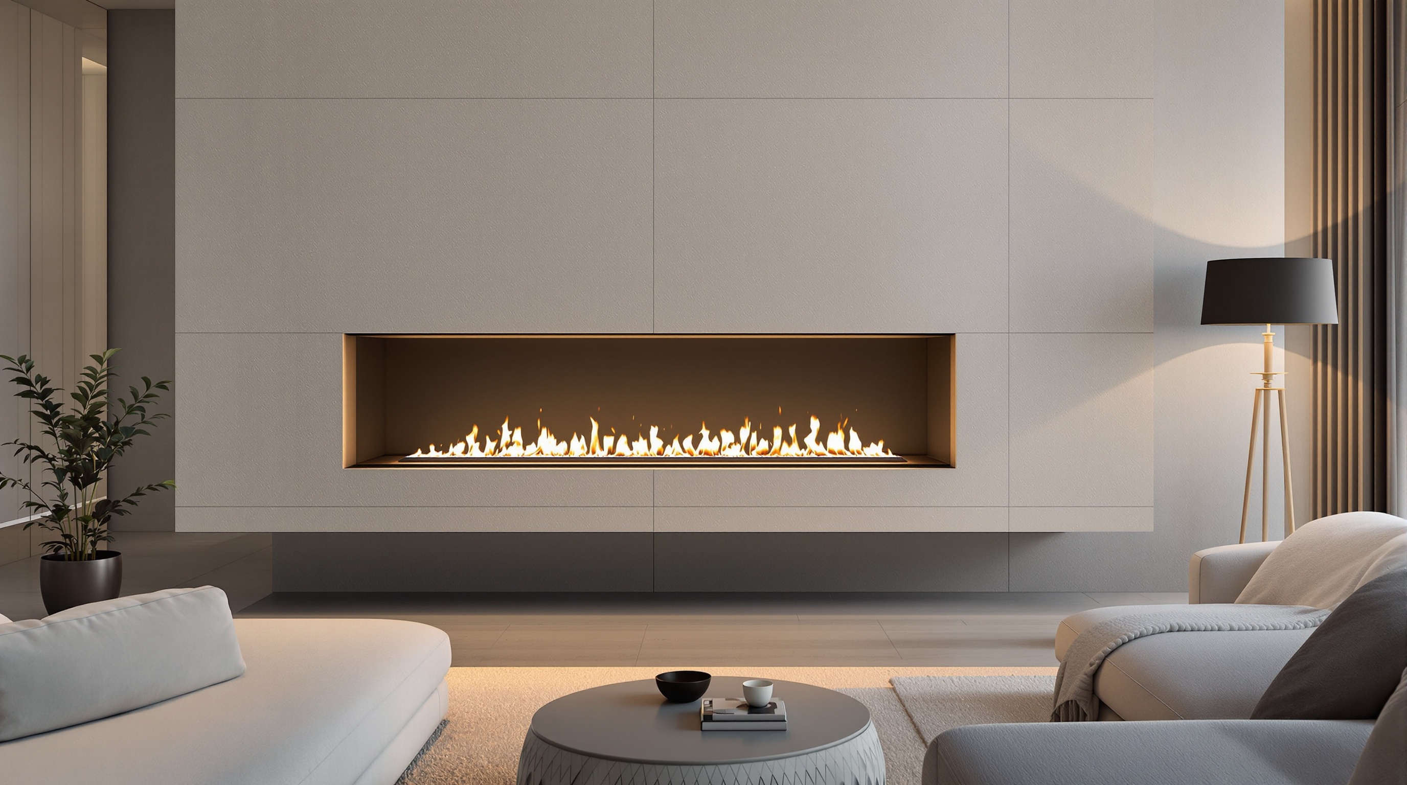 Cheminée bioéthanol murale au design épuré dans un salon moderne.