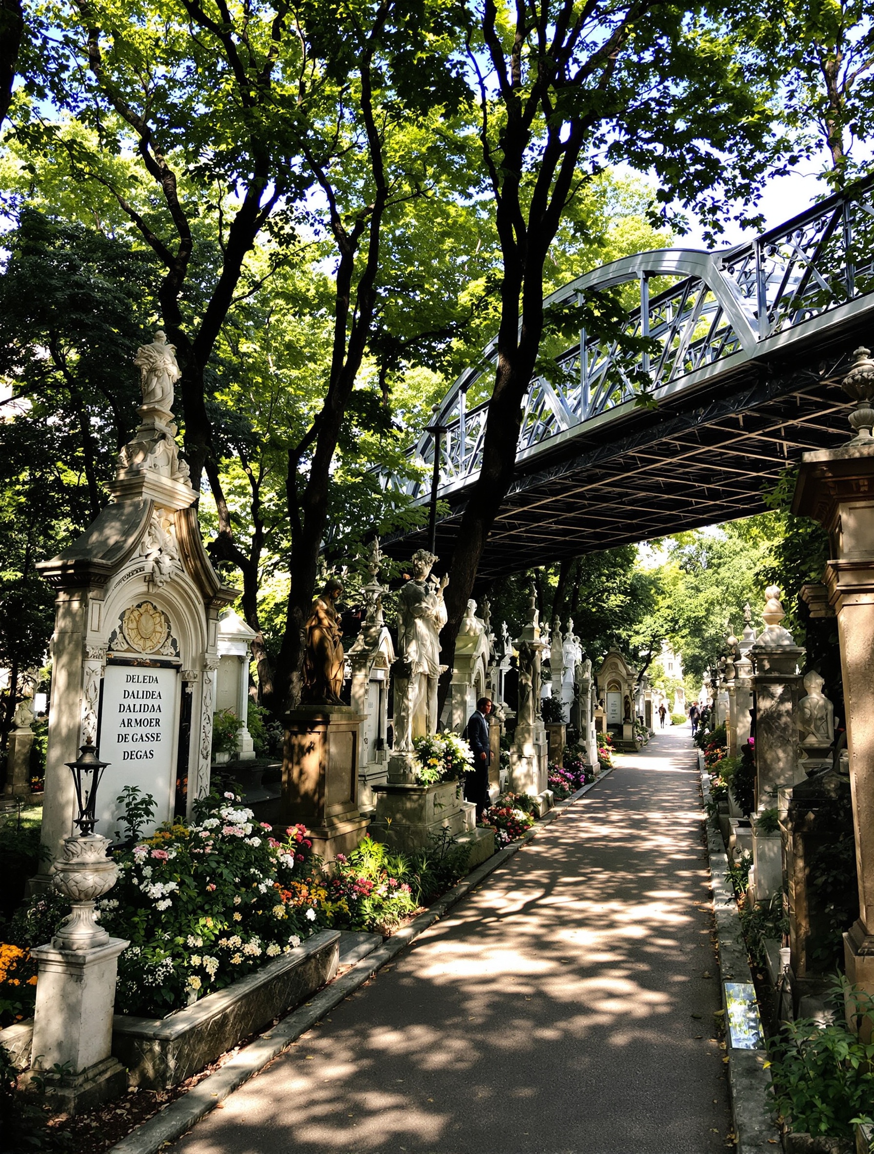 Allée ombragée du cimetière de Montmartre sous le pont Caulaincourt; tombes artistiques dont celle de Dalida.