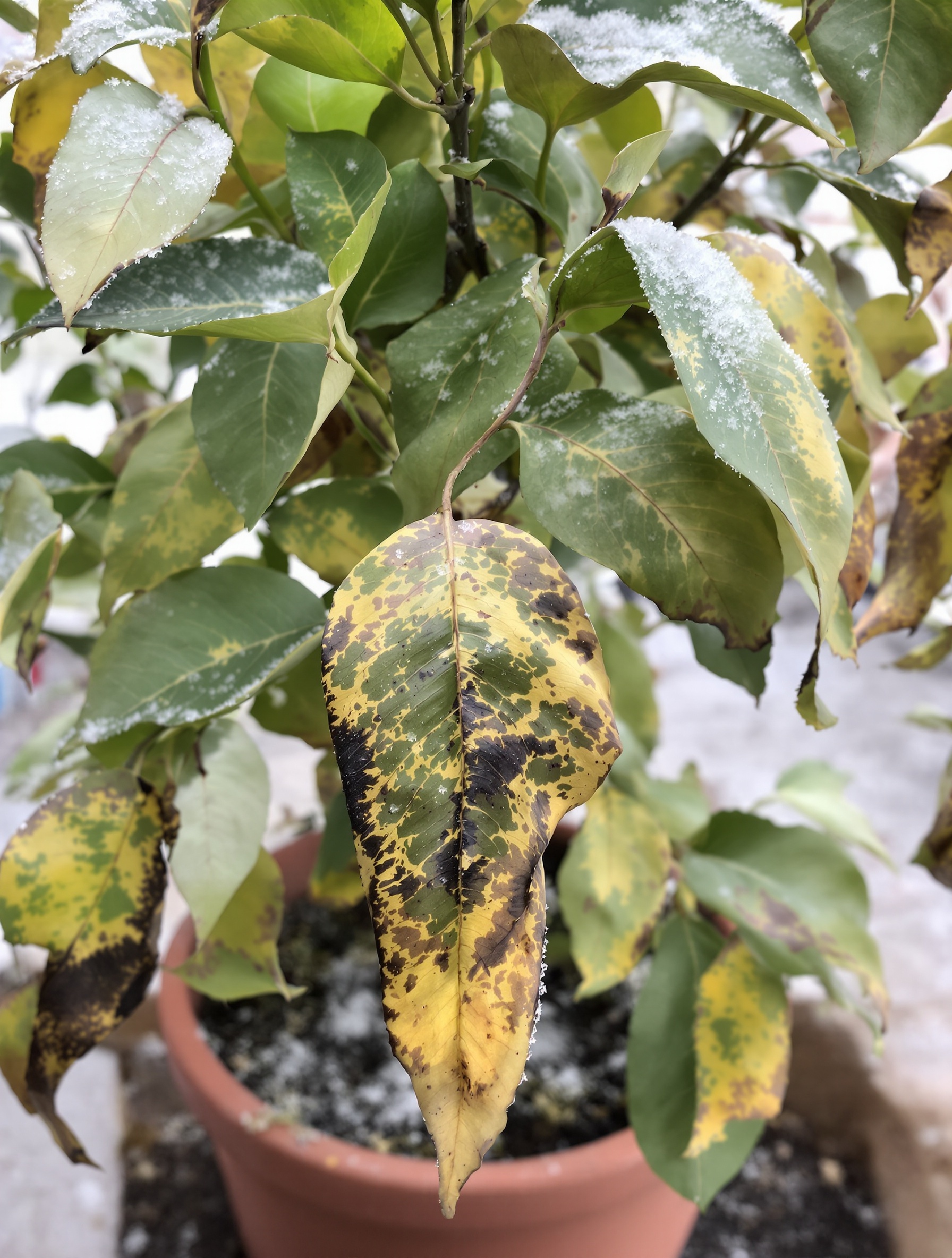 citronnier en pot après gel, feuilles pendantes brunies - diagnostic jardinier