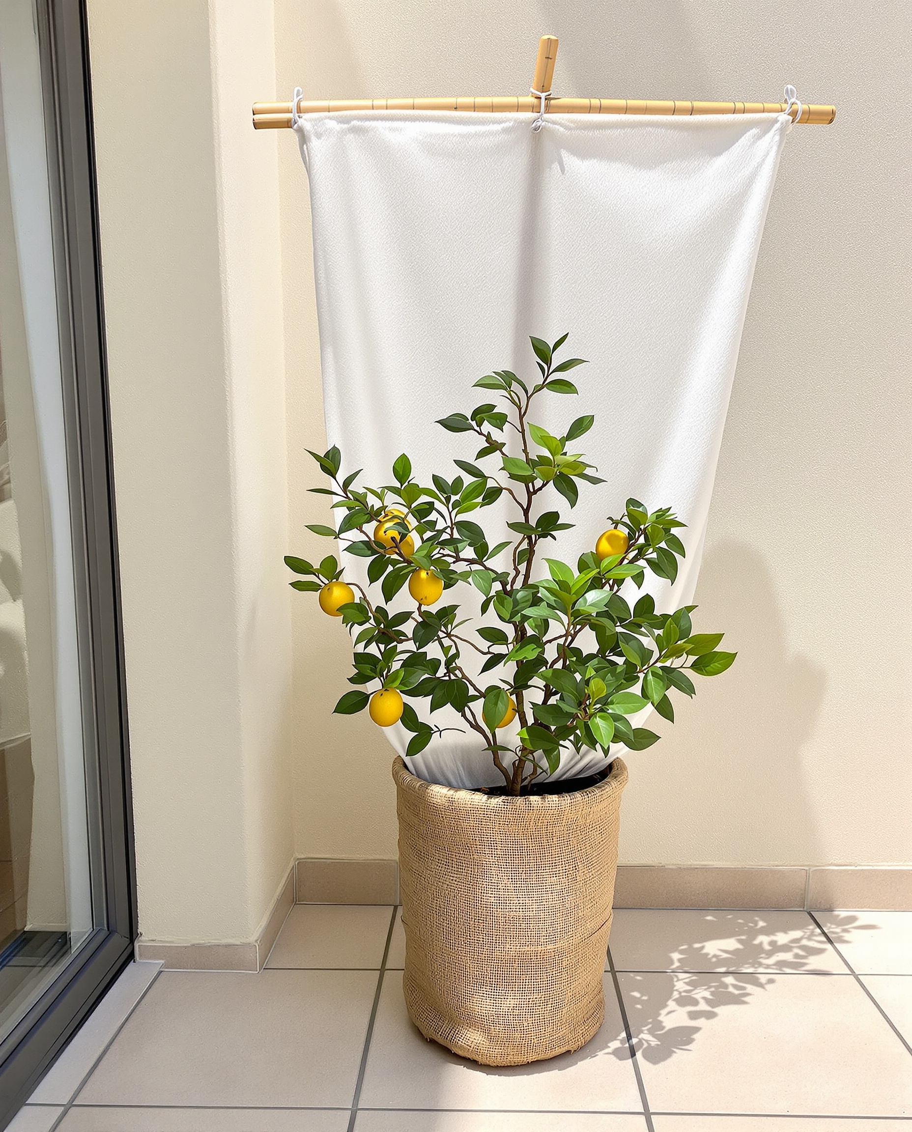 Citronnier en pot protégé avec voile d’hivernage tendu sur structure bambou et toile de jute sur le pot.