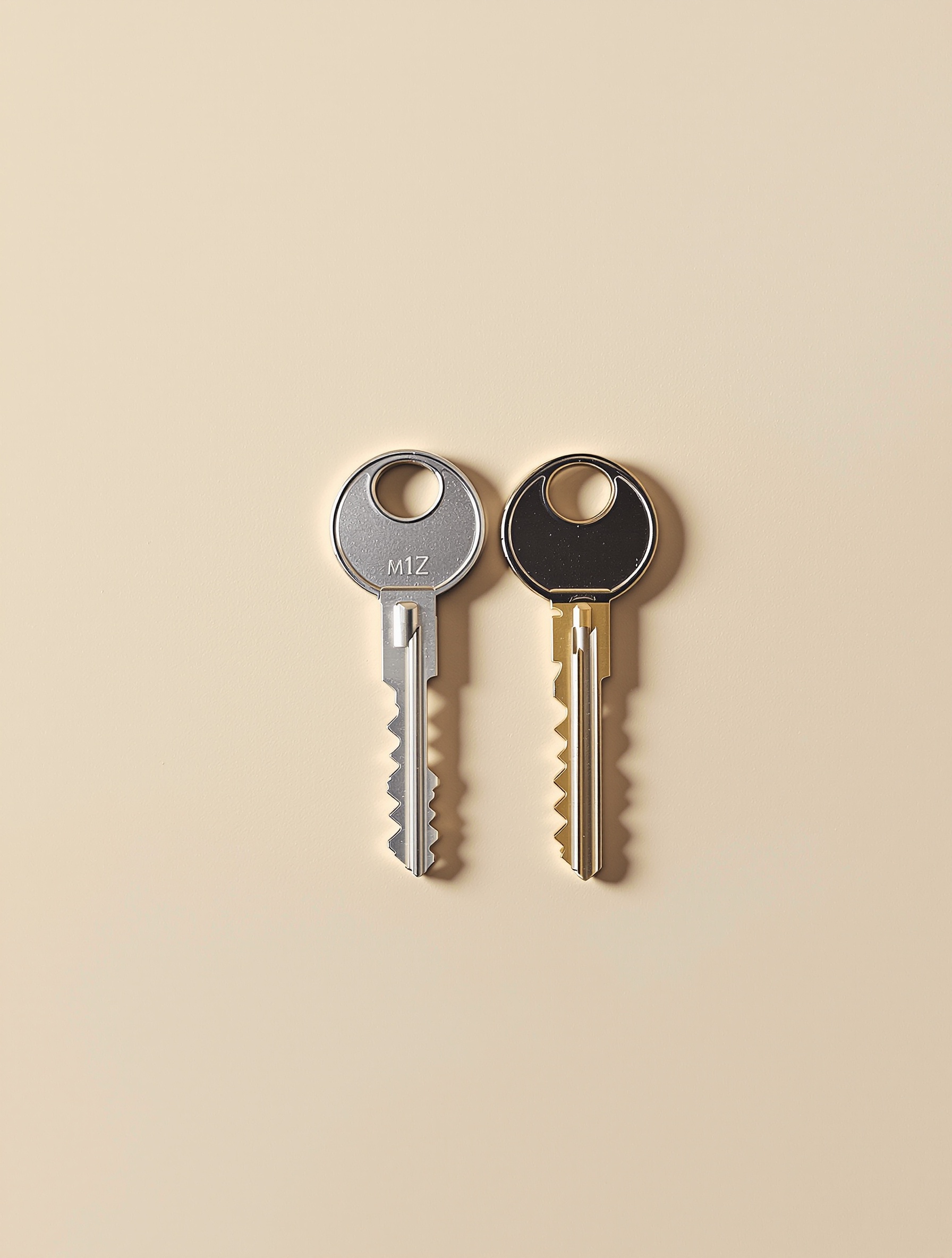 Deux clés identiques de boîte aux lettres sur fond neutre, l'une effacée pour évoquer la duplication.