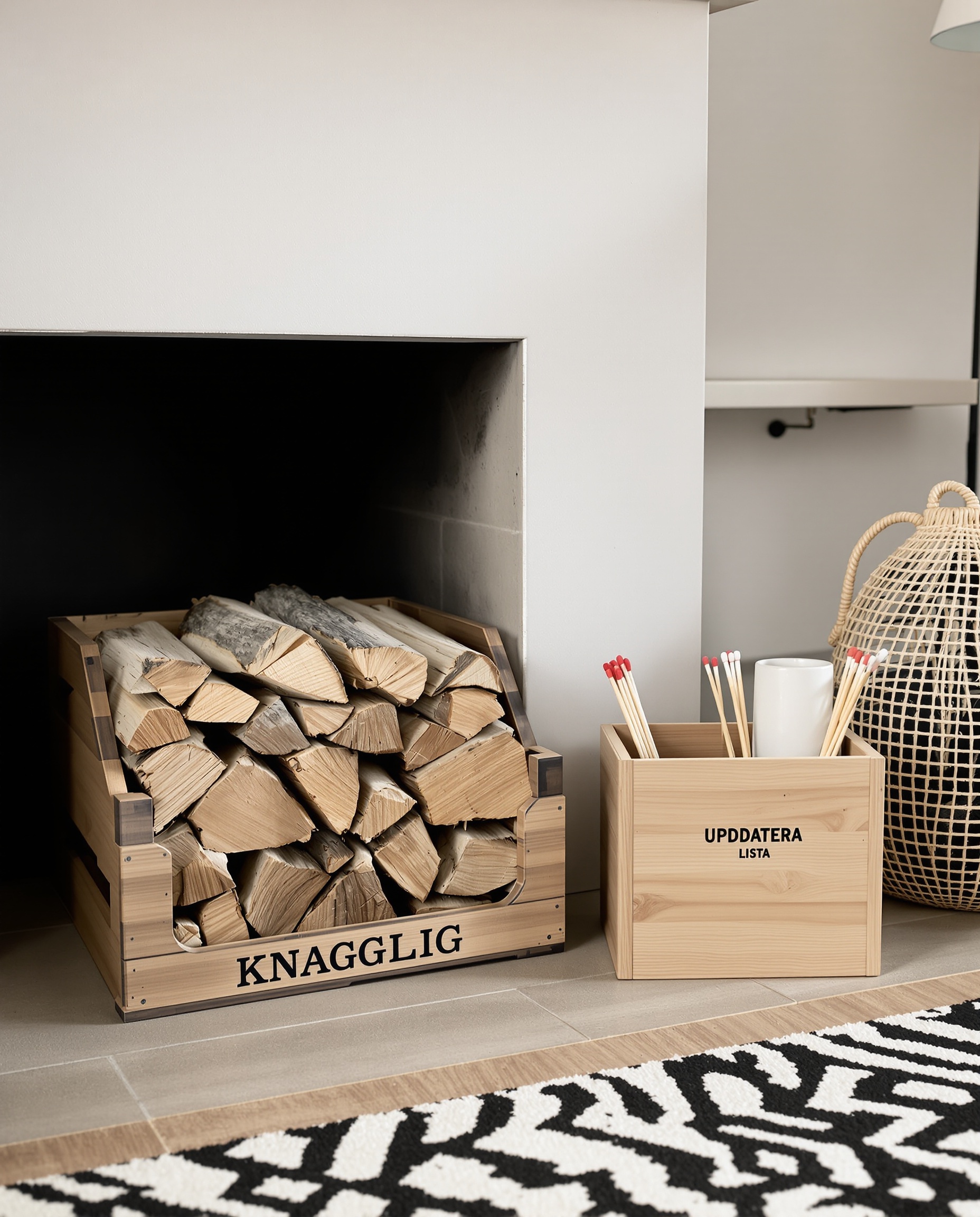 Un coin cheminée stylé, caisse KNAGGLIG avec bûches et boîte UPPDATERA pour les allumettes