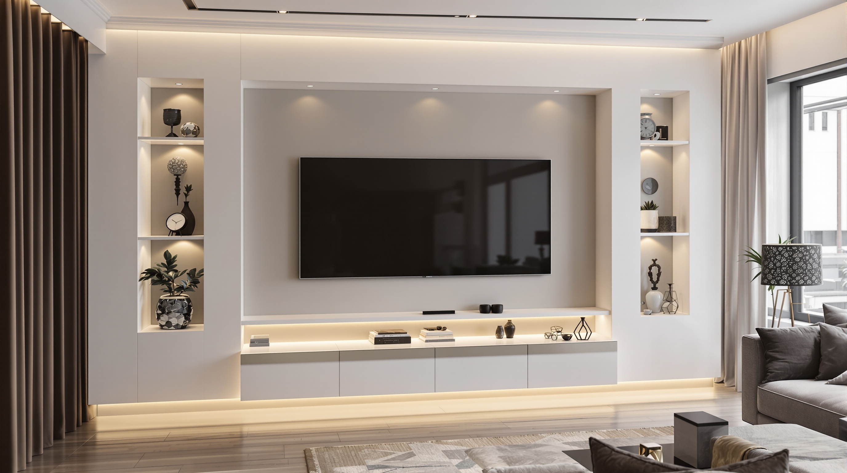 Coffrage en placoplâtre blanc avec niches déco pour TV murale, ambiance sophistiquée sans câble visible