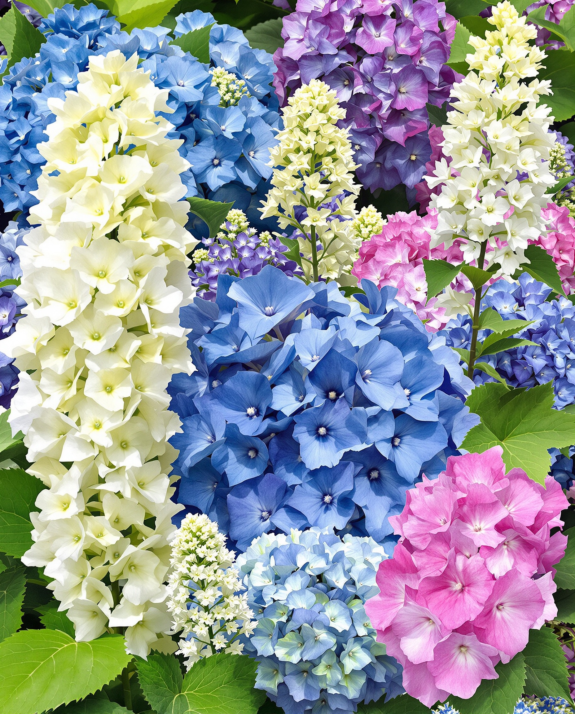 Mosaïque de fleurs d'hortensias, du bleu profond au blanc vaporeux, illustrant leur diversité de formes et textures.