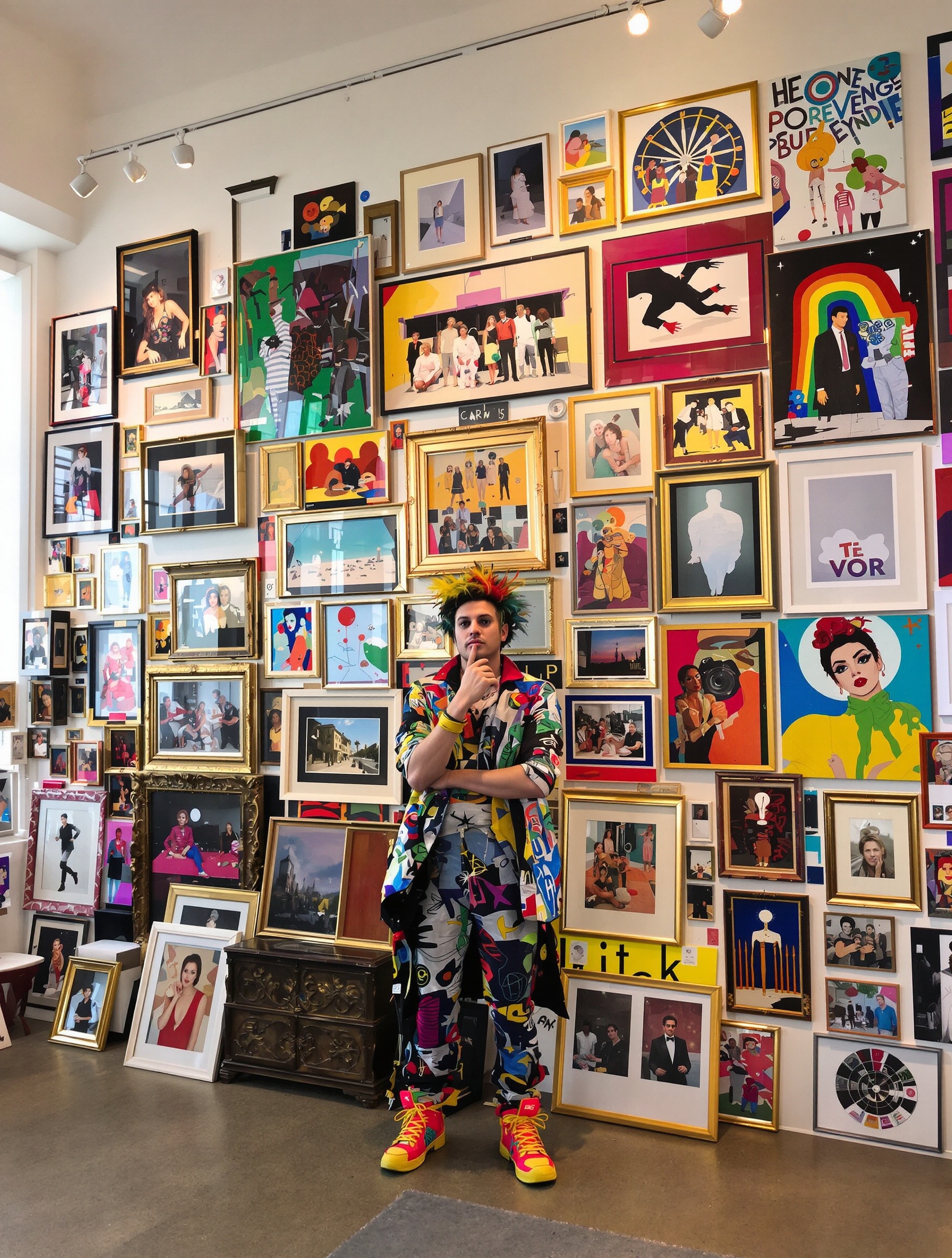 Collectionneur excentrique devant un mur de photographies dans une galerie parisienne