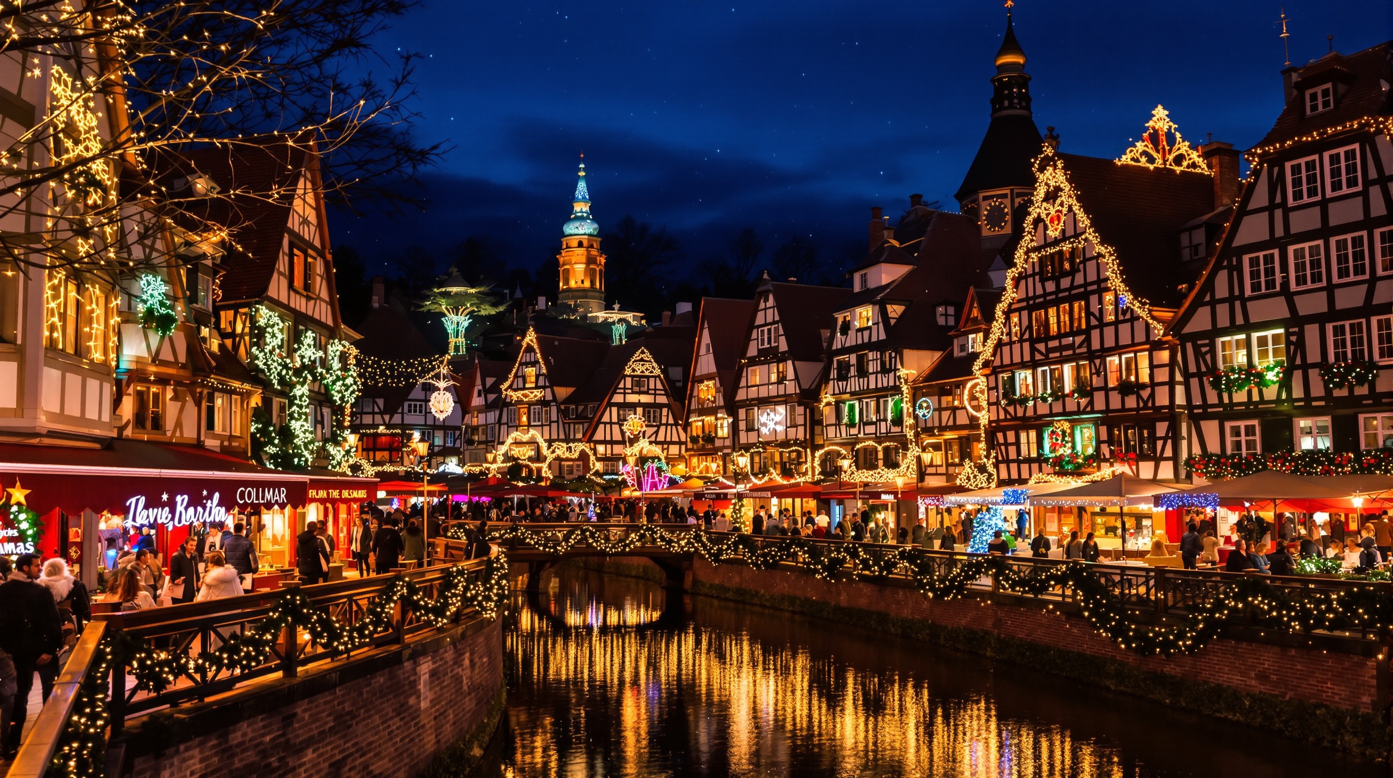 Illuminations spectaculaires sur les maisons à colombages de Colmar, canaux et foule élégante