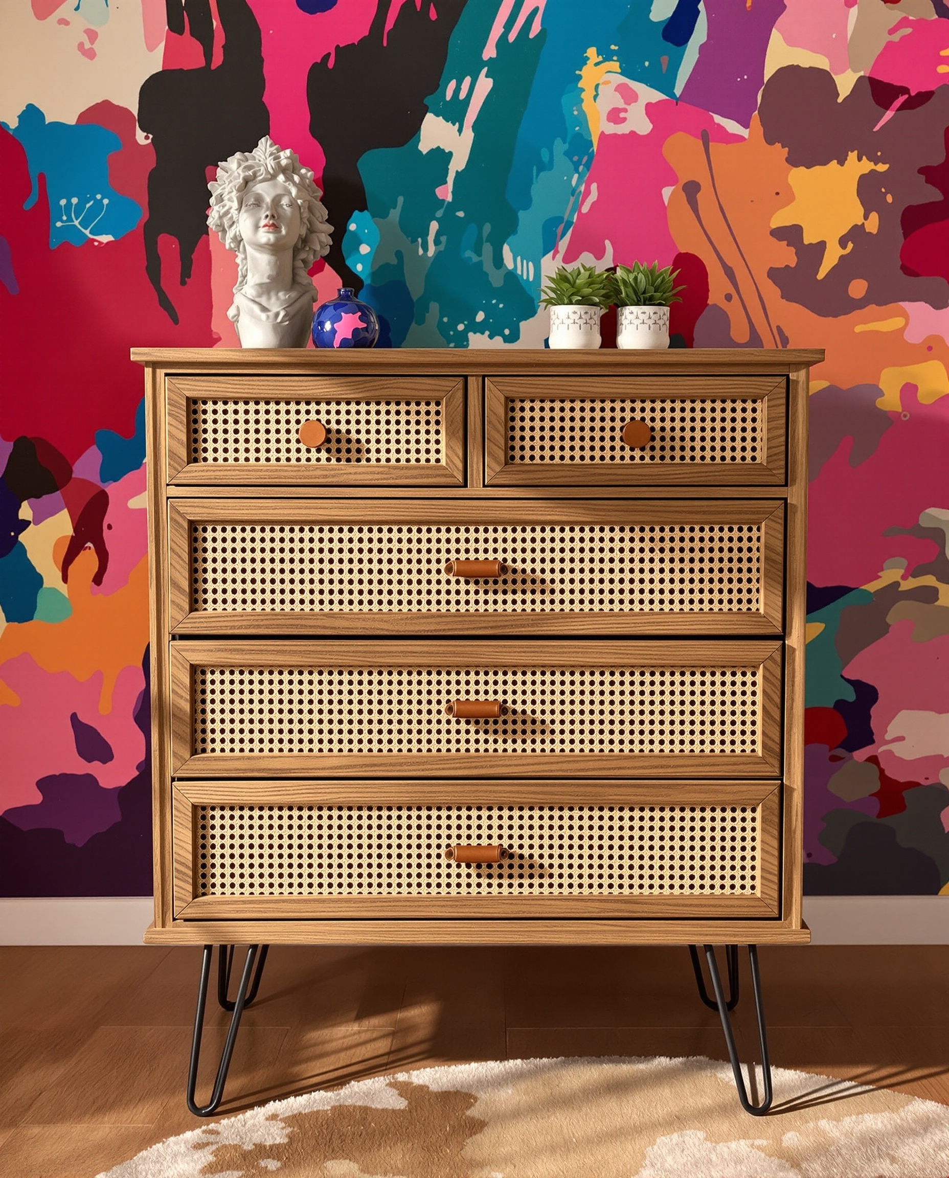 Commode ancienne modernisée avec poignées cuir cannage pieds épingle