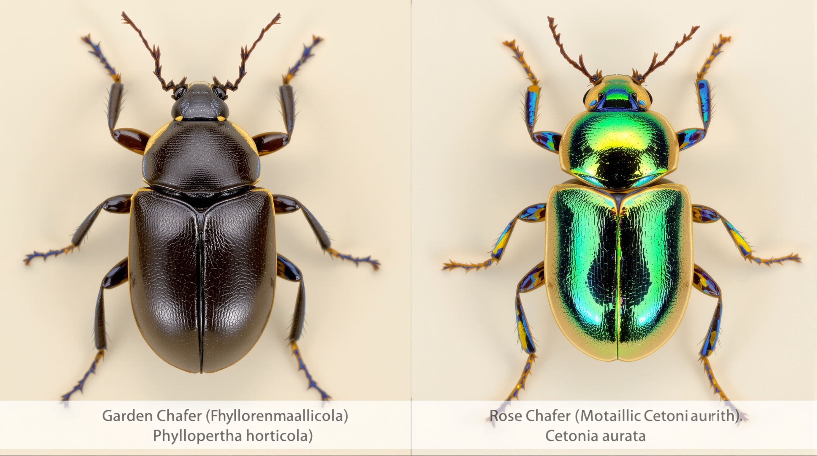 Comparaison entre un hanneton des jardins brun-noir uni et une cétoine dorée aux reflets vert métallisé.