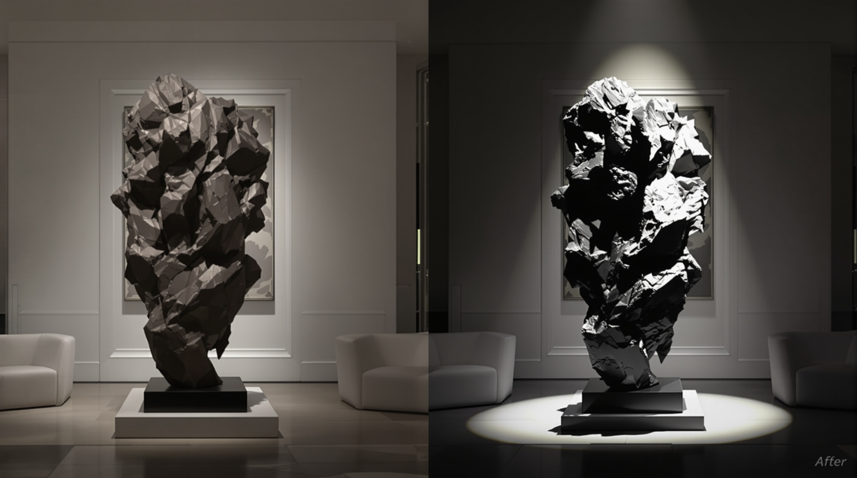 Comparaison avant/après de l'éclairage d'une sculpture française
