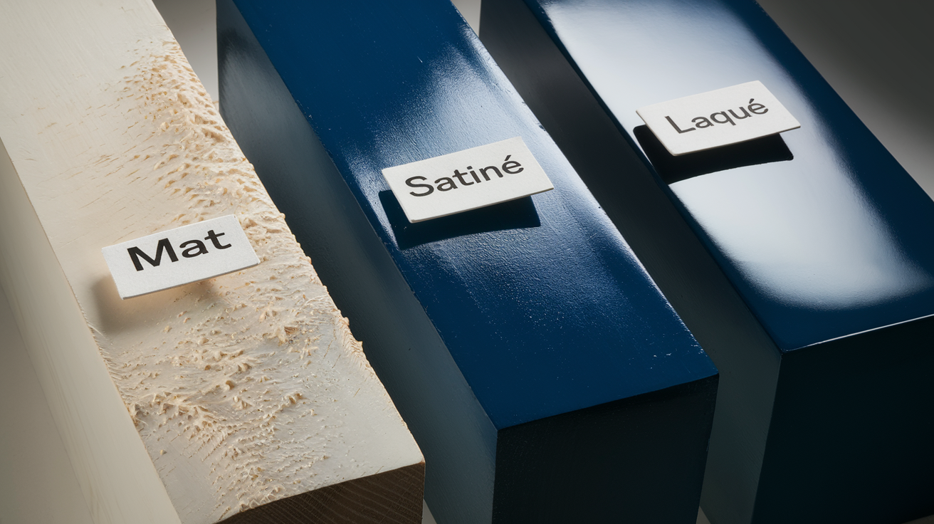 Comparatif peintures finitions mate satinée laquée sur bois bleu profond