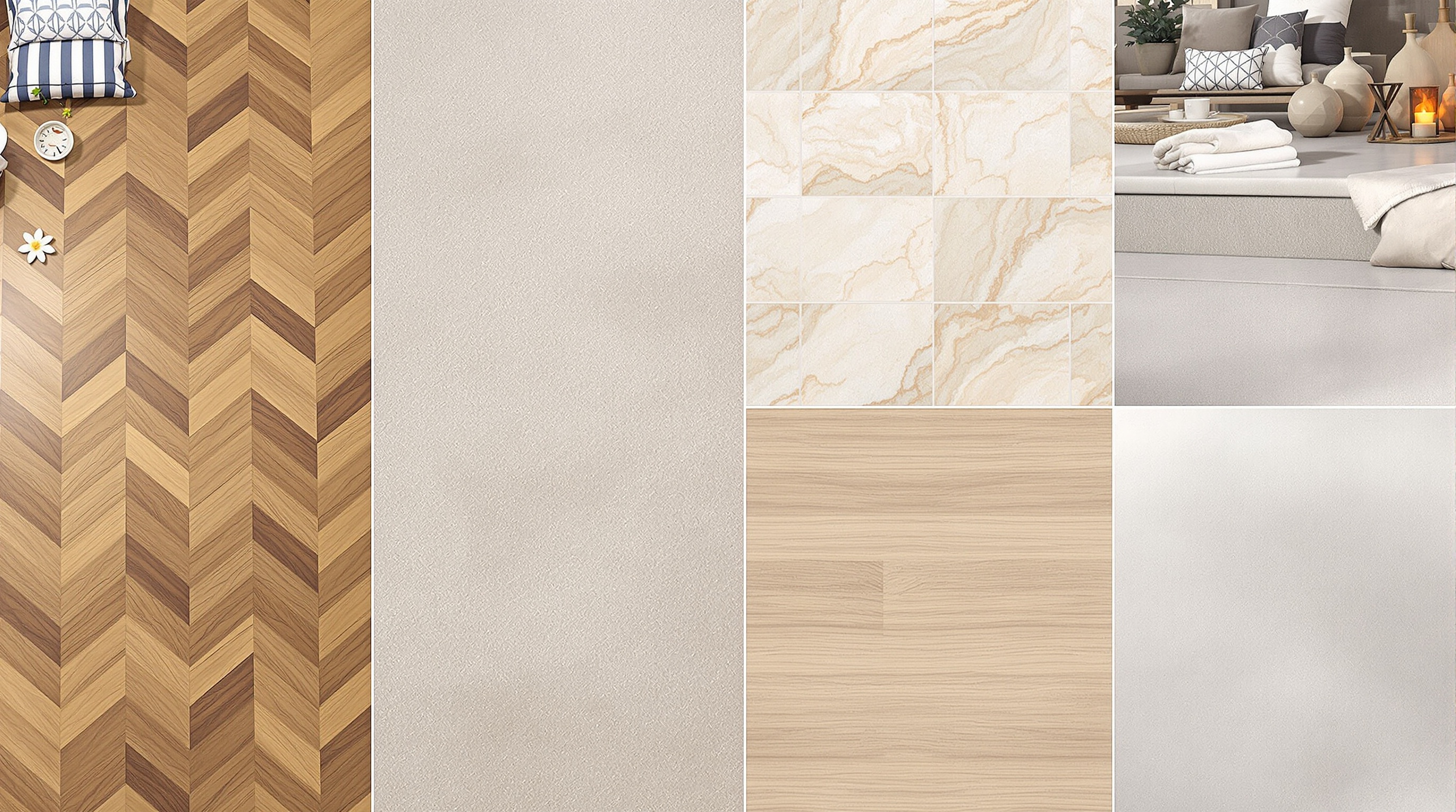 Comparatif esthétique revêtements plage piscine moderne incluant bois exotique en chevron pierre naturelle travertin grès cérame imitation bois et béton ciré.