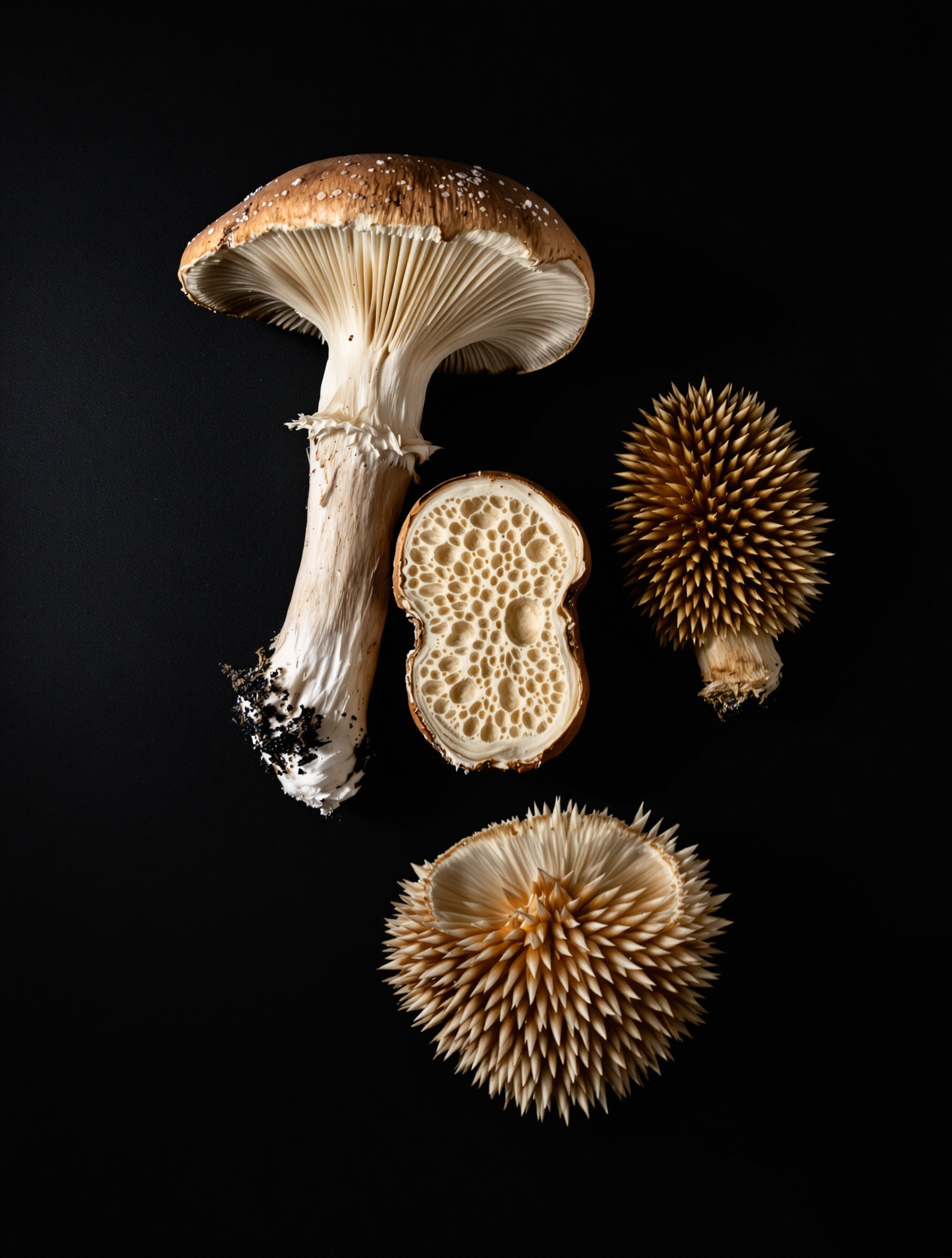 Comparatif stylisé lamelles pores aiguillons champignons