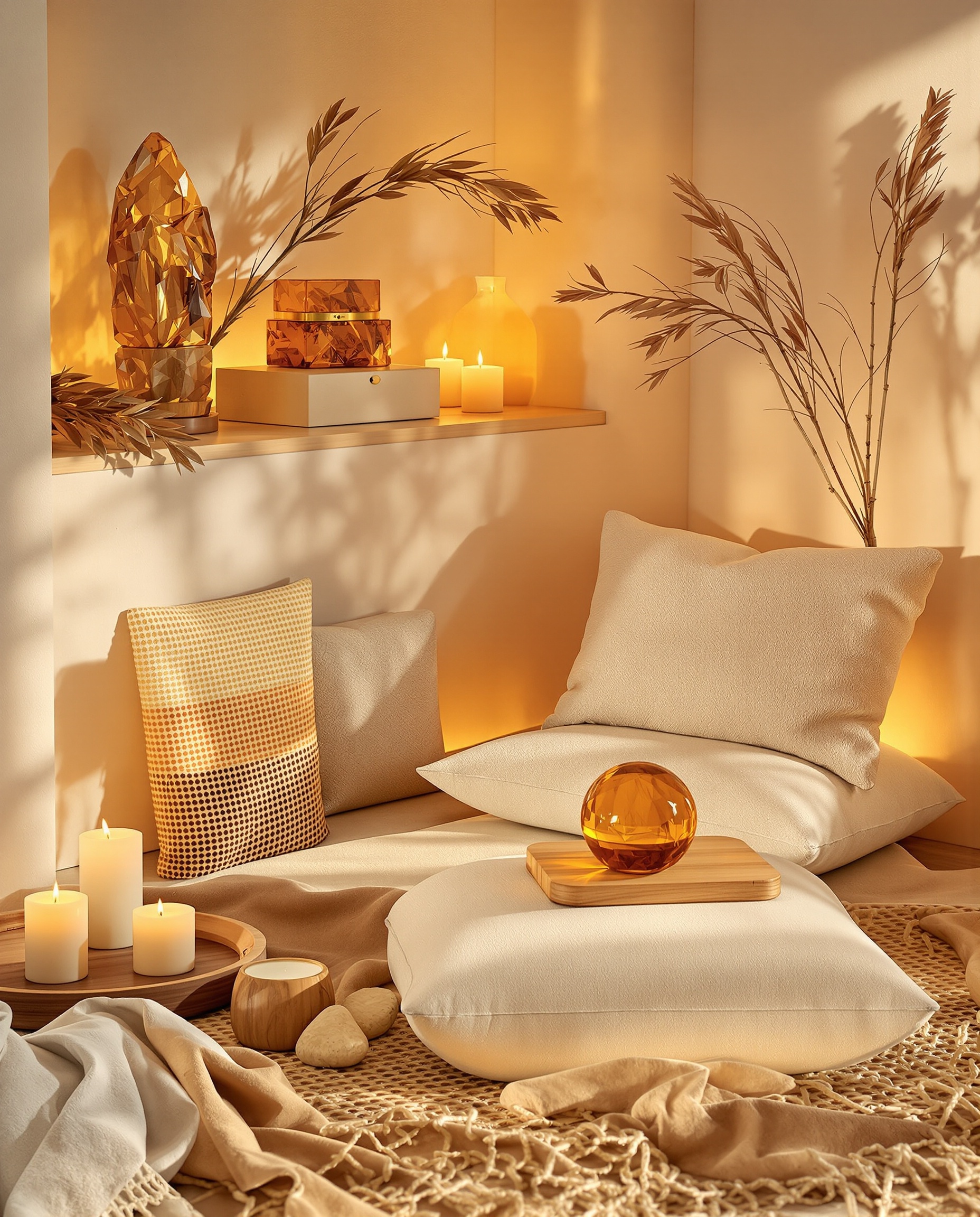 Ambiance intérieure moderne : sculpture en ambre, boîte à bijoux en ambre, coussin de méditation, matières naturelles bois lin céramique artisanale