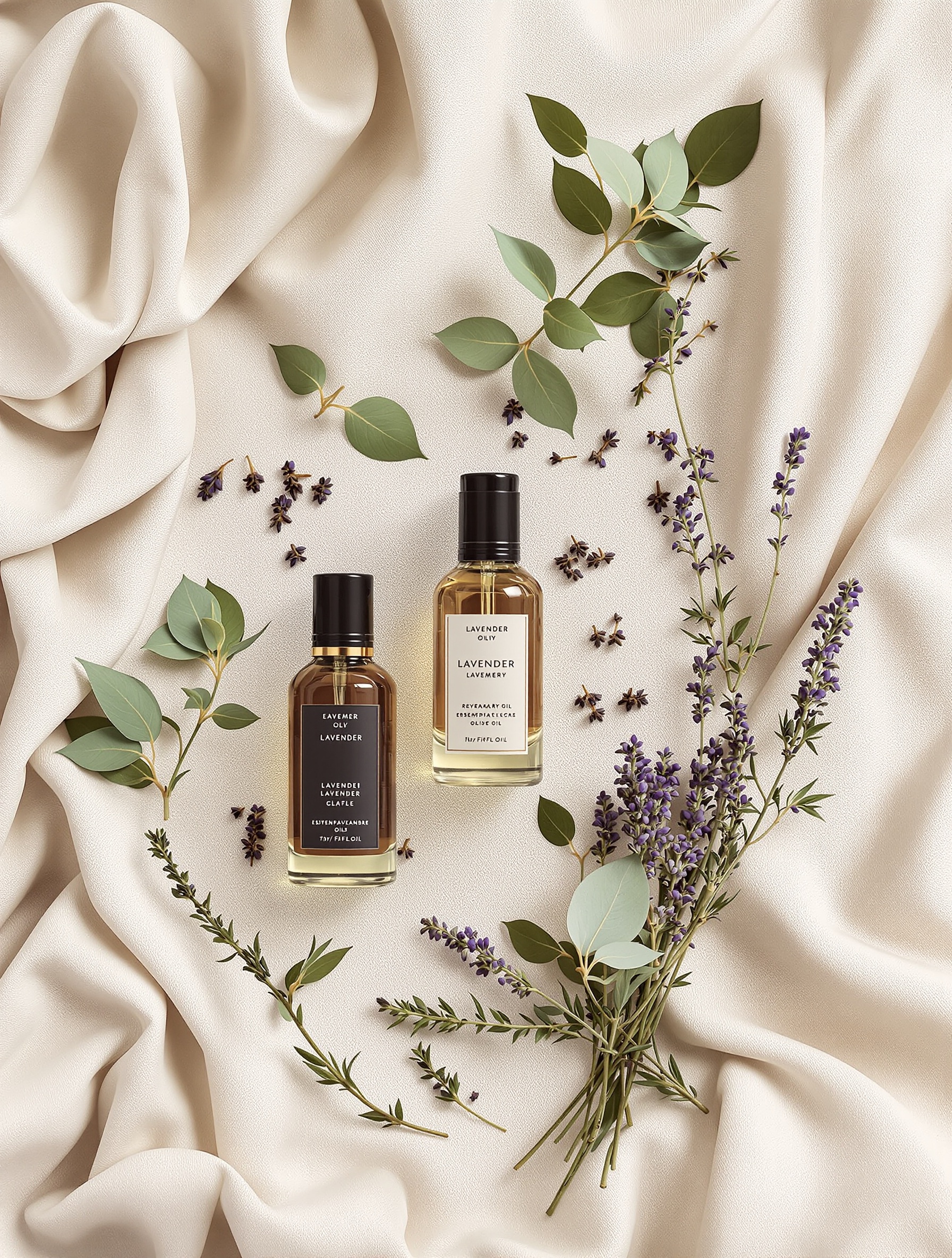 Composition raffinée : huiles essentielles, sachets de lavande et herbes séchées, feuilles de laurier sur lin naturel.