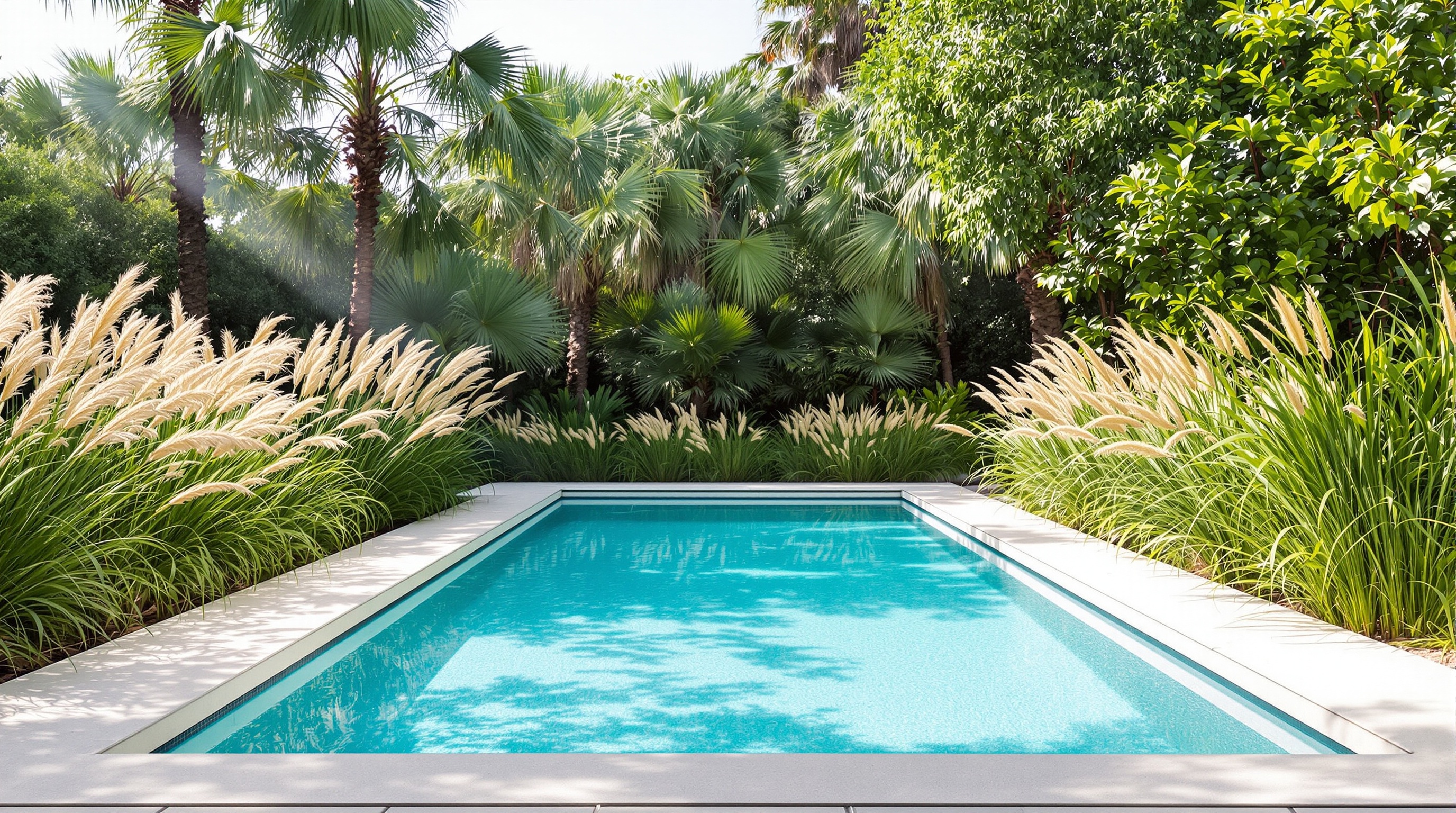 Paysage moderne autour d'une piscine, graminées hautes et palmiers graphiques structurant l'espace, soleil filtrant à travers feuillage.