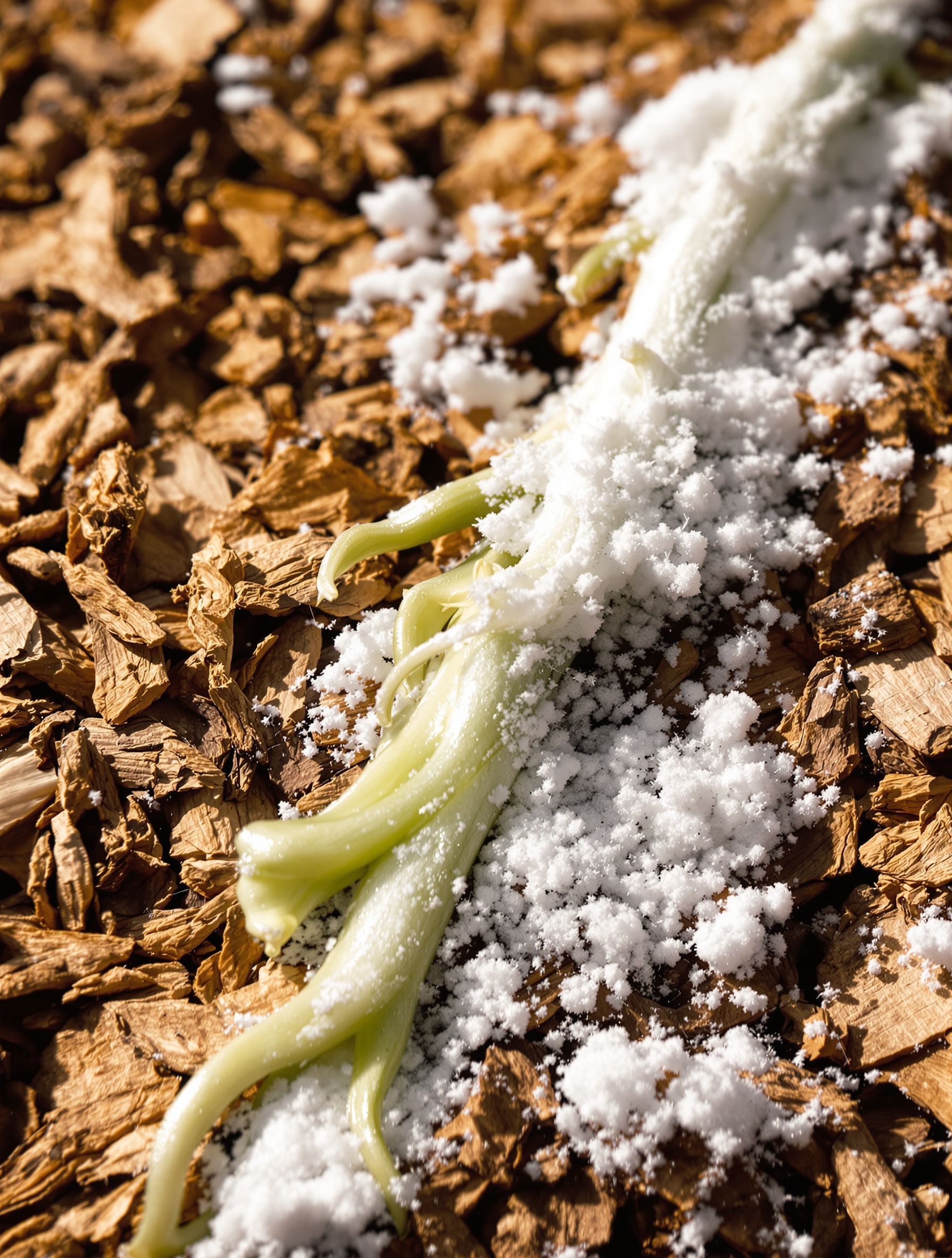 Racines d'orchidée saines à côté d'un substrat d'écorce envahi de moisissure blanche due à du marc de café humide