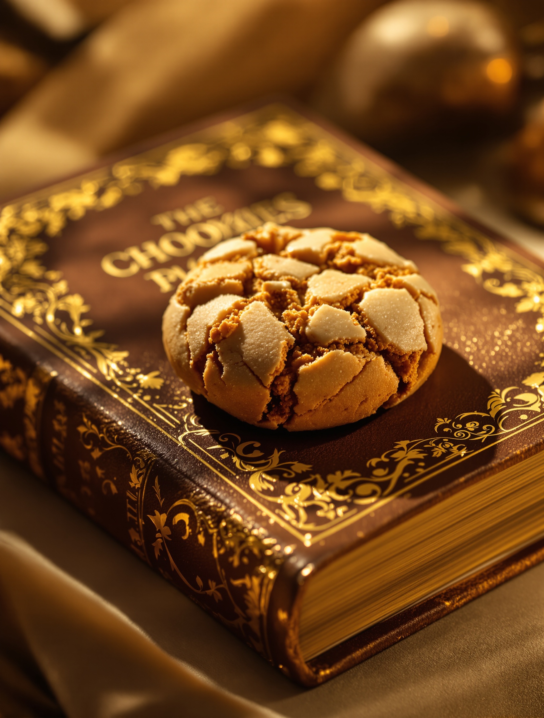 cookie gourmet posé sur un livre ancien, ambiance élégante, lumière dorée, clin d'œil artistique