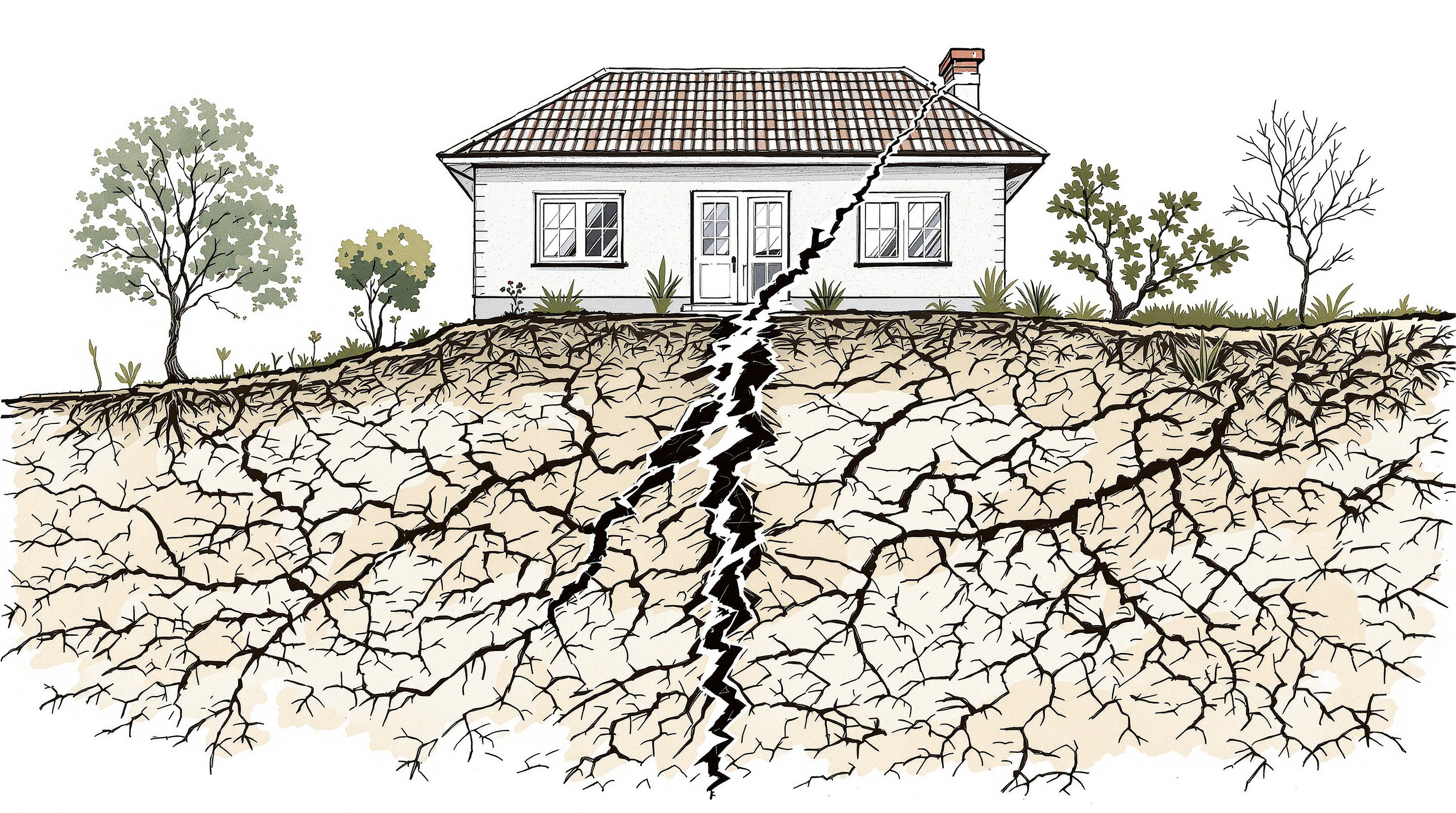 Coupe de sol argileux avec maison fissurée et effets RGA