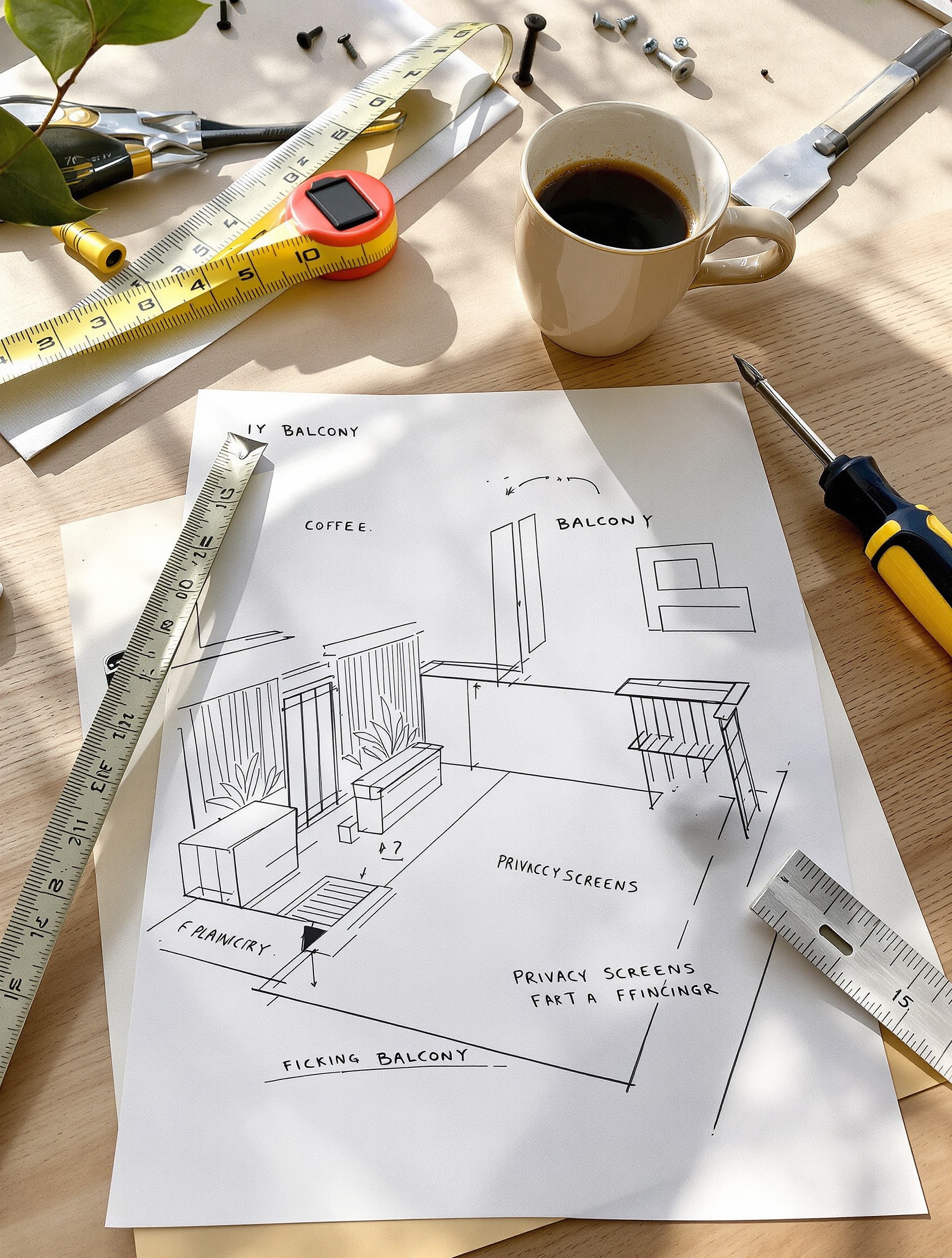 Croquis projet balcon brise-vue jardinières fixations préparatifs urbain créatif