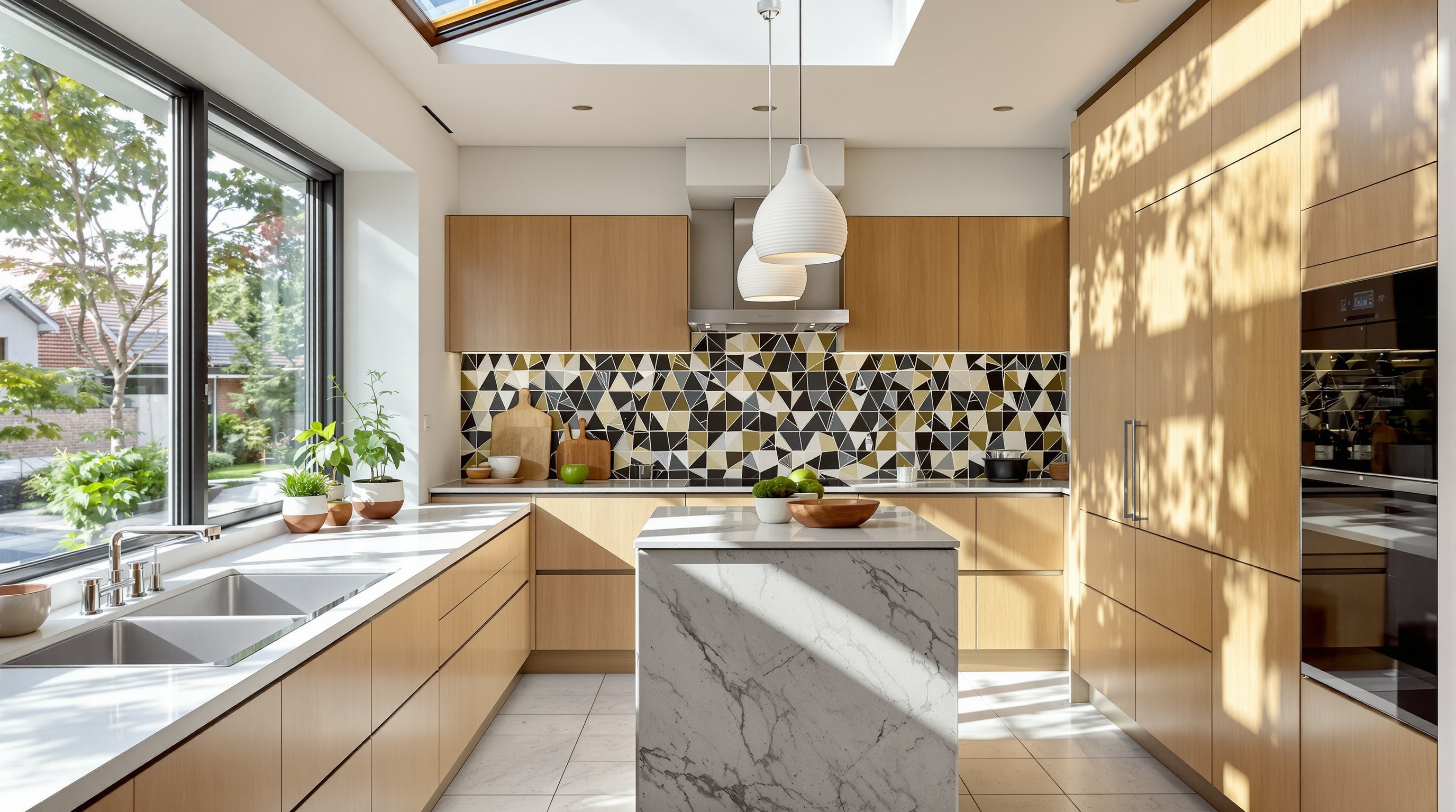 Cuisine contemporaine rénovée lumineuse crédence graphique îlot compact rangements ingénieux.