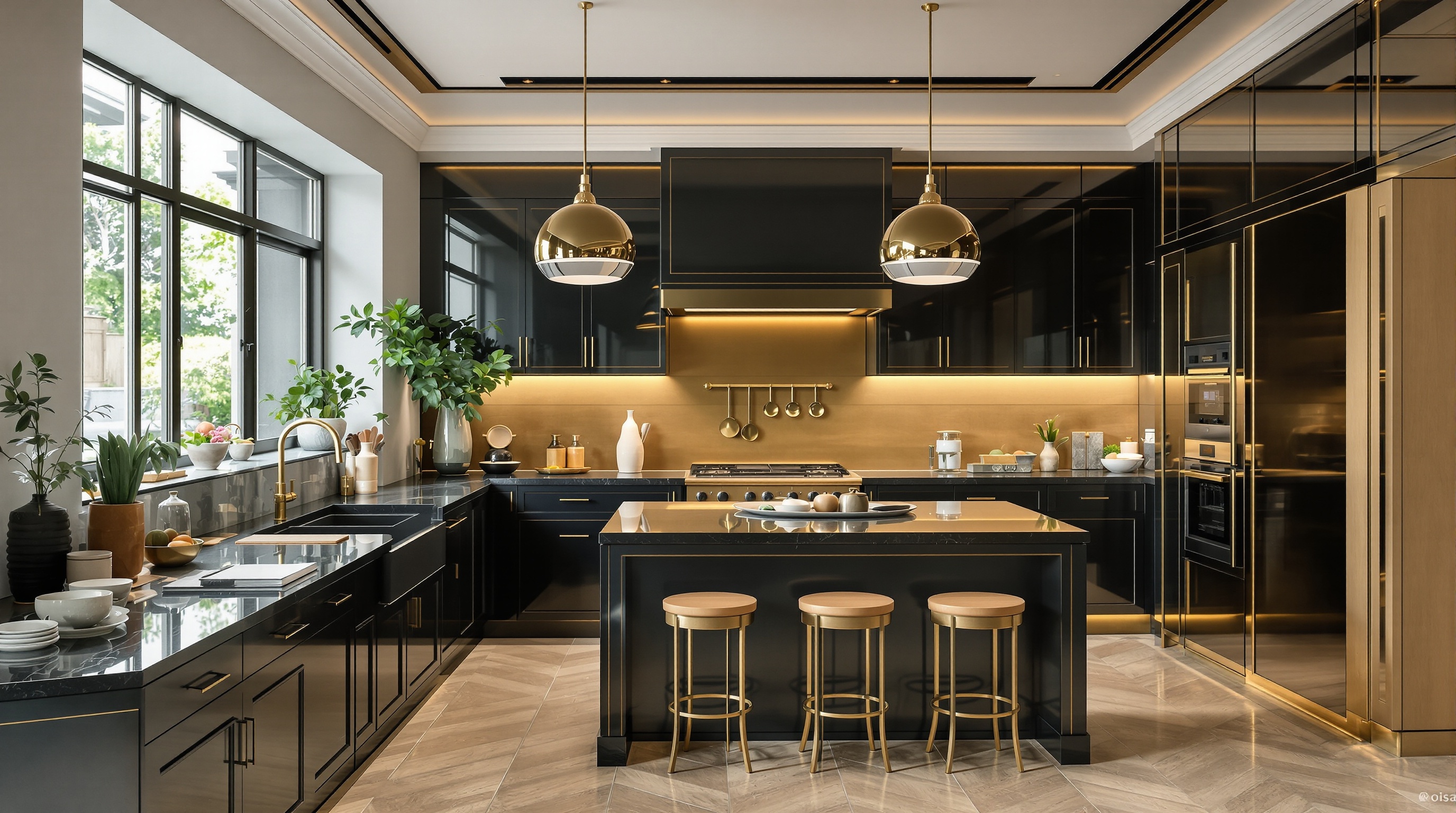 Cuisine contemporaine noire et verte avec touches de laiton doré et bois clair.