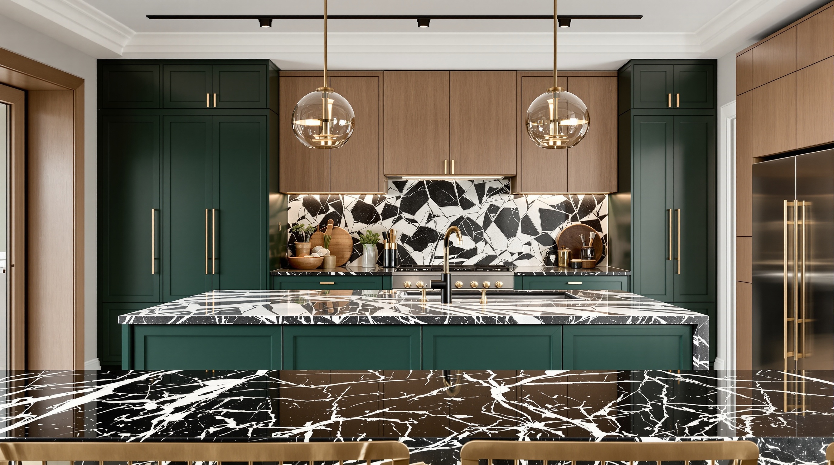 Cuisine noire et verte contemporaine avec éléments bois clair, touches de laiton doré, plan de travail marbre noir.