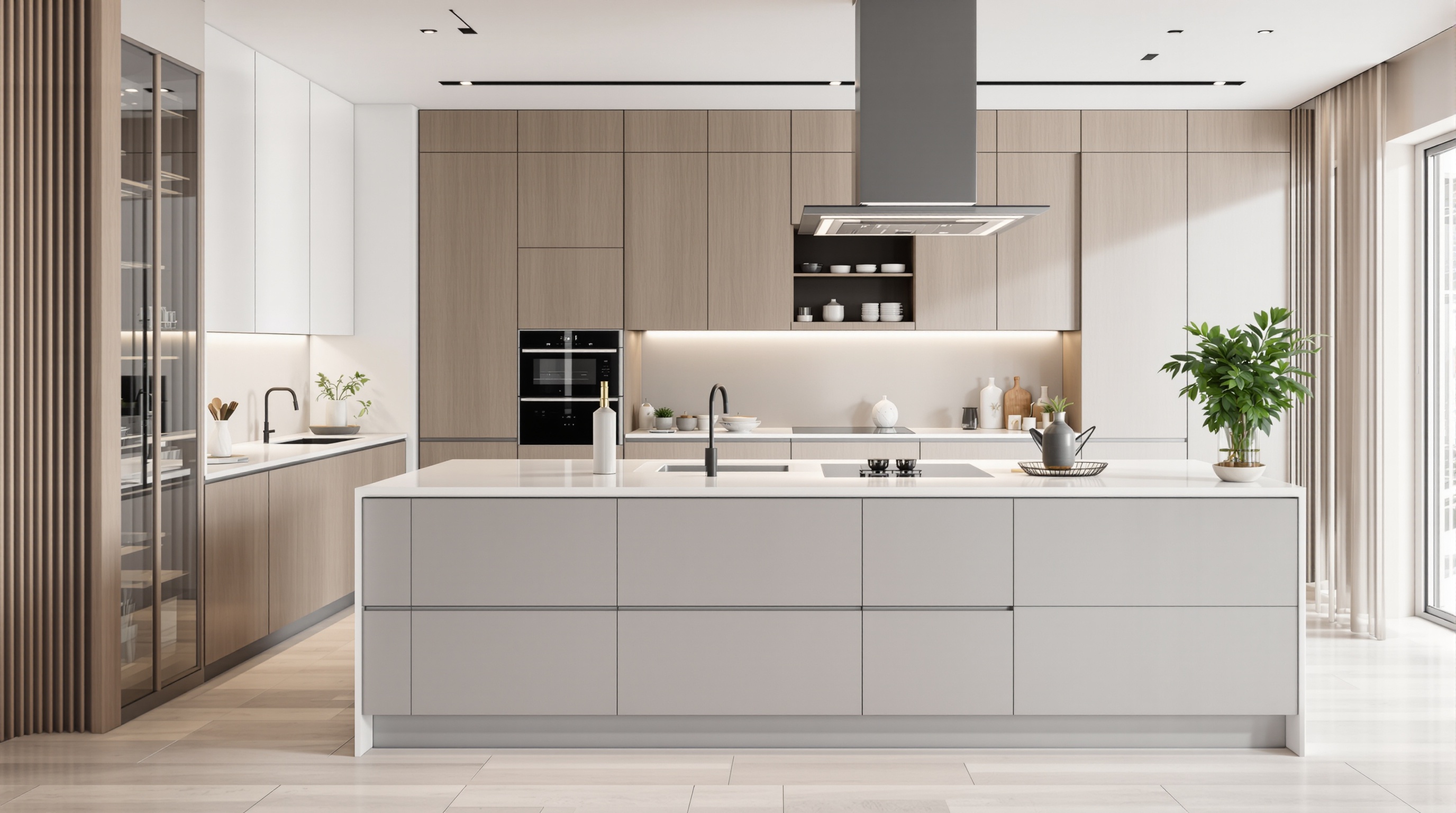 Cuisine ouverte chic avec îlot central intégrant lave-vaisselle, four, hotte escamotable, matériaux nobles