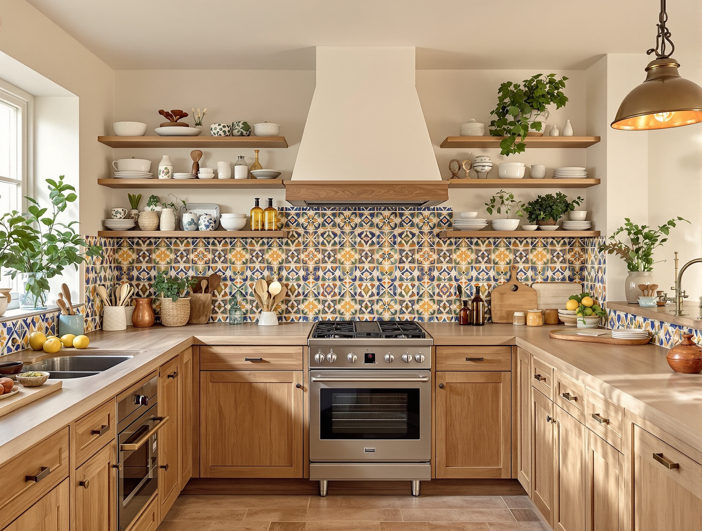 Cuisine en U campagne chic bois massif carreaux ciment lumineux rustiques