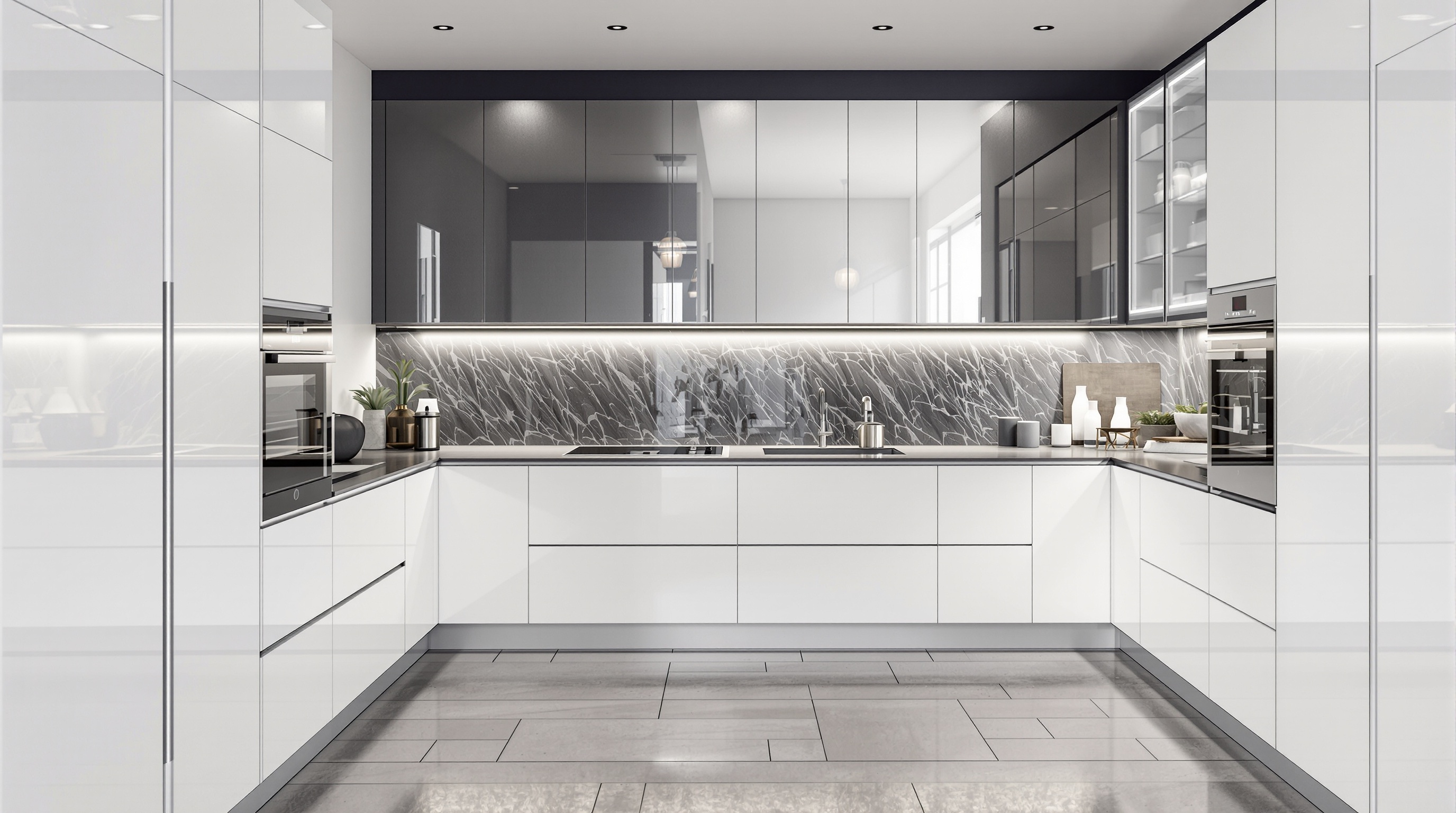 Cuisine en U moderne lignes épurées blanc laqué quartz anthracite