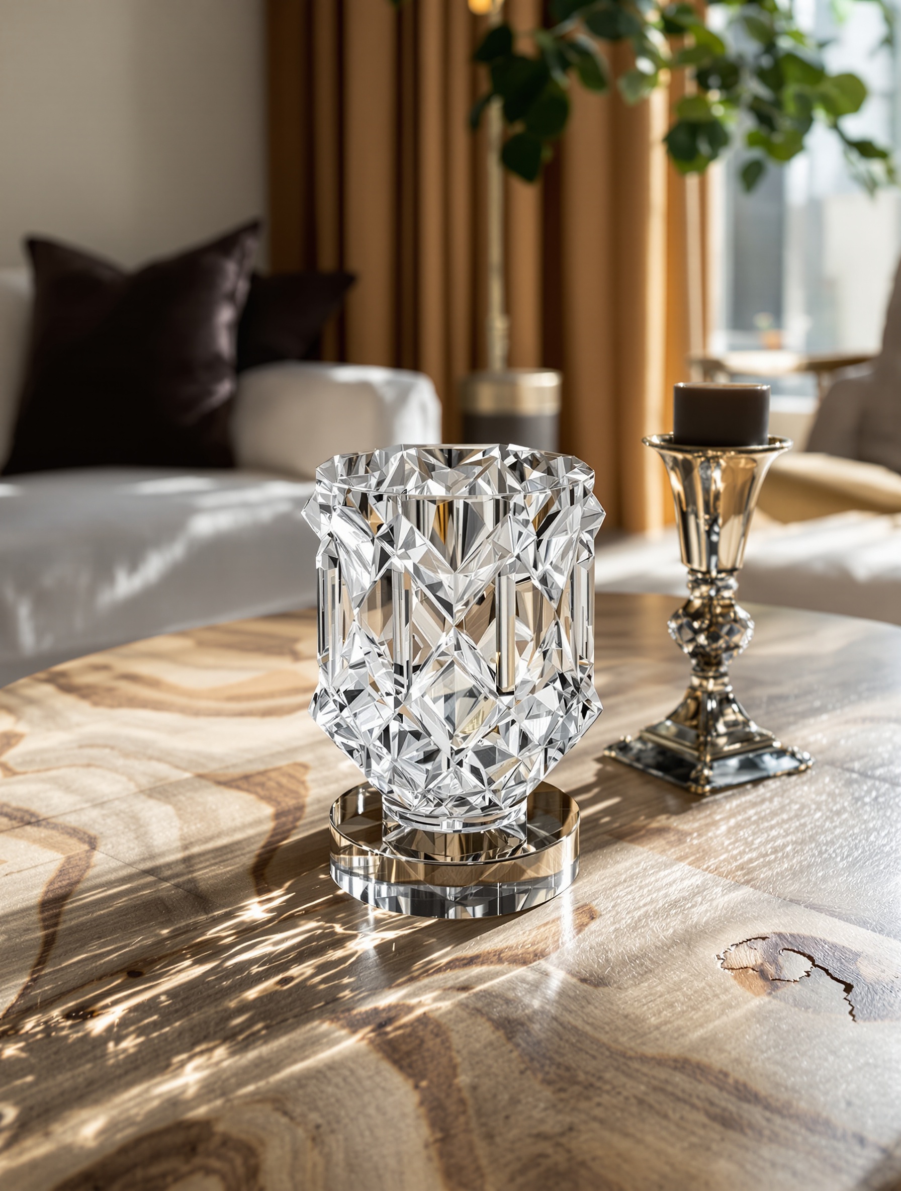 Décor contemporain avec une pièce maîtresse en cristal Saint Louis sur une table en bois brut, associée à des éléments en métal et velours.