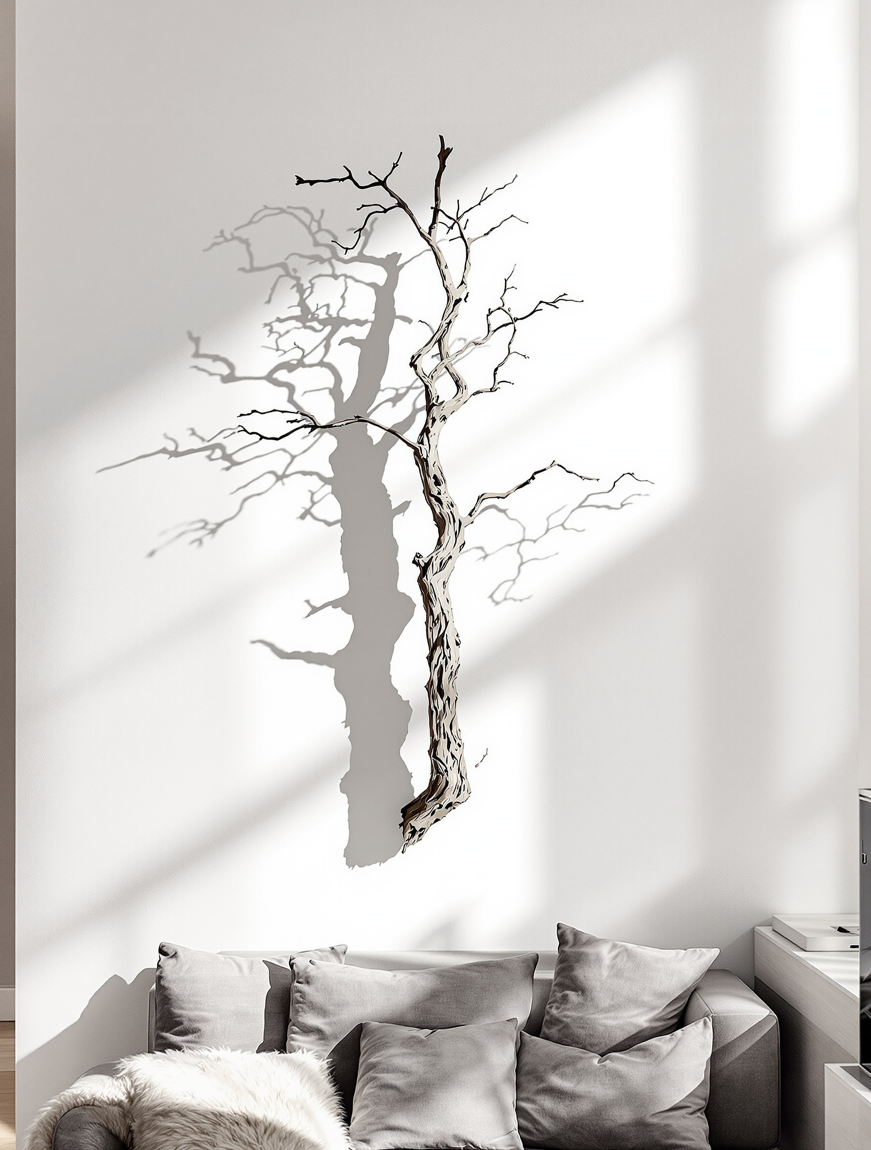 branche d'arbre mise en scène murale, lumière contemporaine minimaliste
