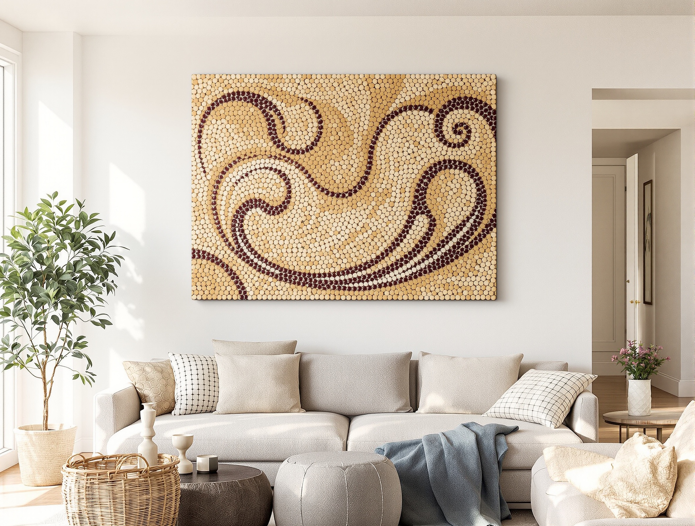 Mosaïque murale moderne réalisée uniquement avec des bouchons de liège recyclés. Impact visuel maximal garanti.