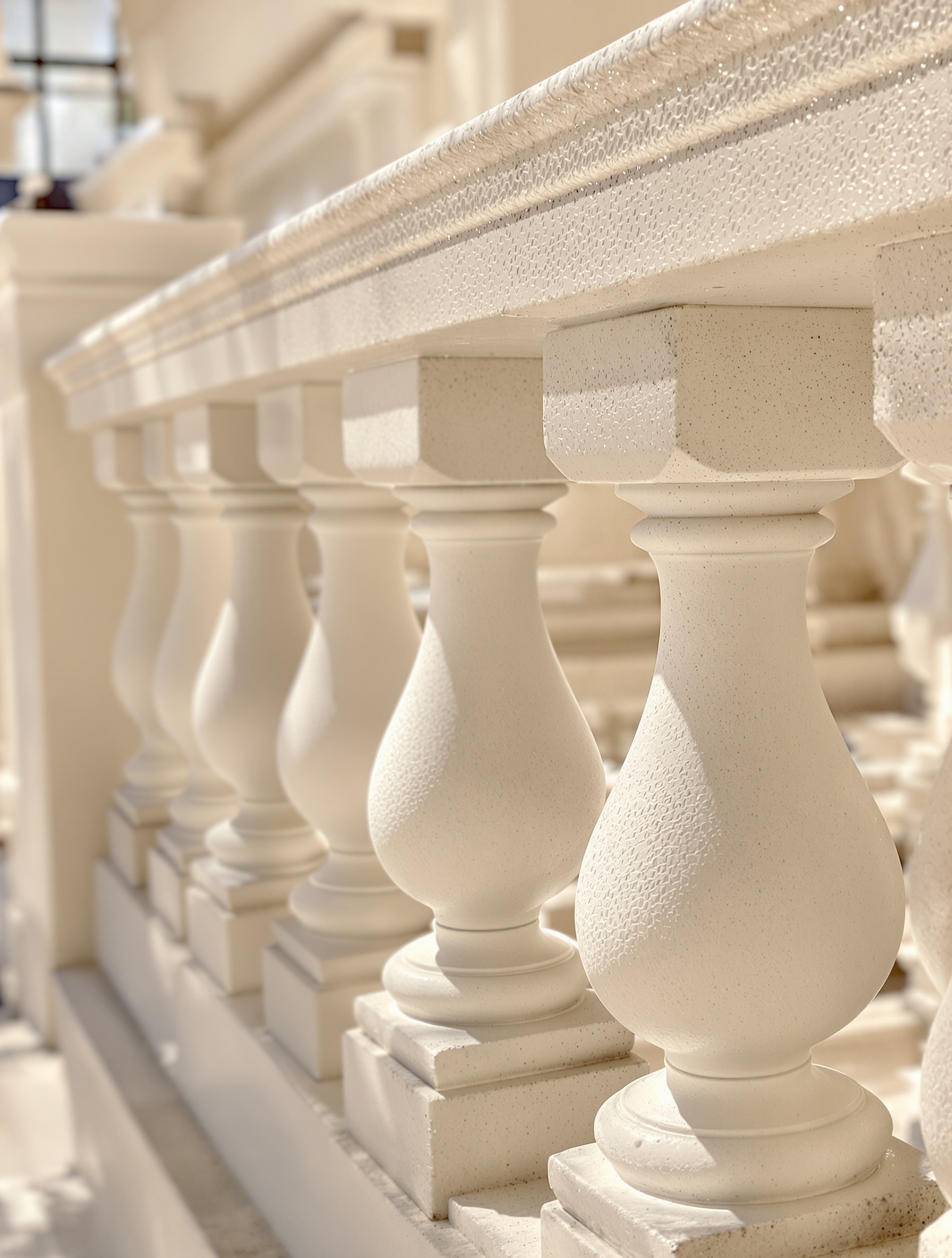 détail élégant d'une balustrade en béton parfaitement entretenue, surface propre et légèrement satinée, style classique avec des touches modernes, lumière naturelle du matin