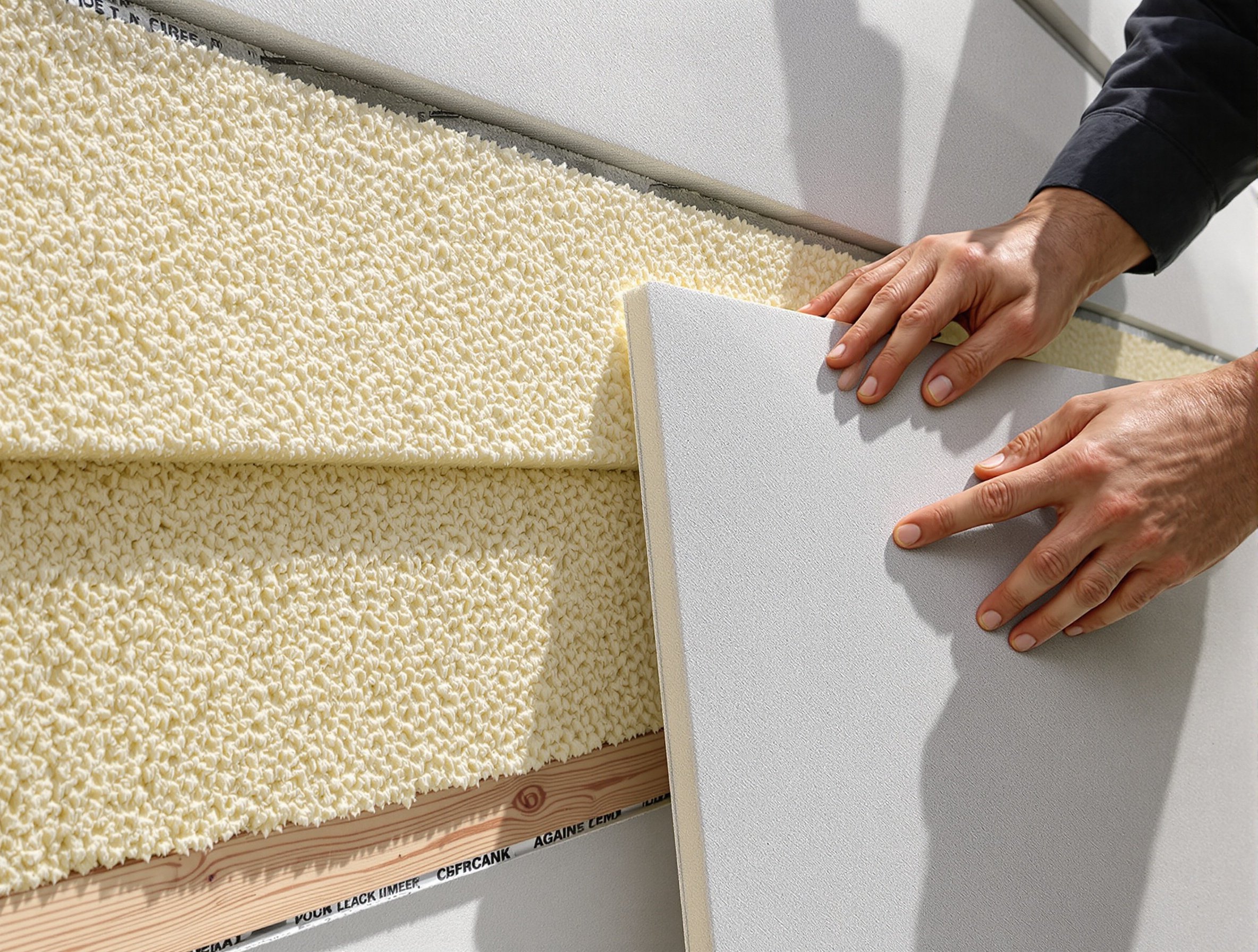 Détail chantier ITE : pose de différents panneaux isolants juxtaposés avec installation d'un bardage en fibrociment Cedral.