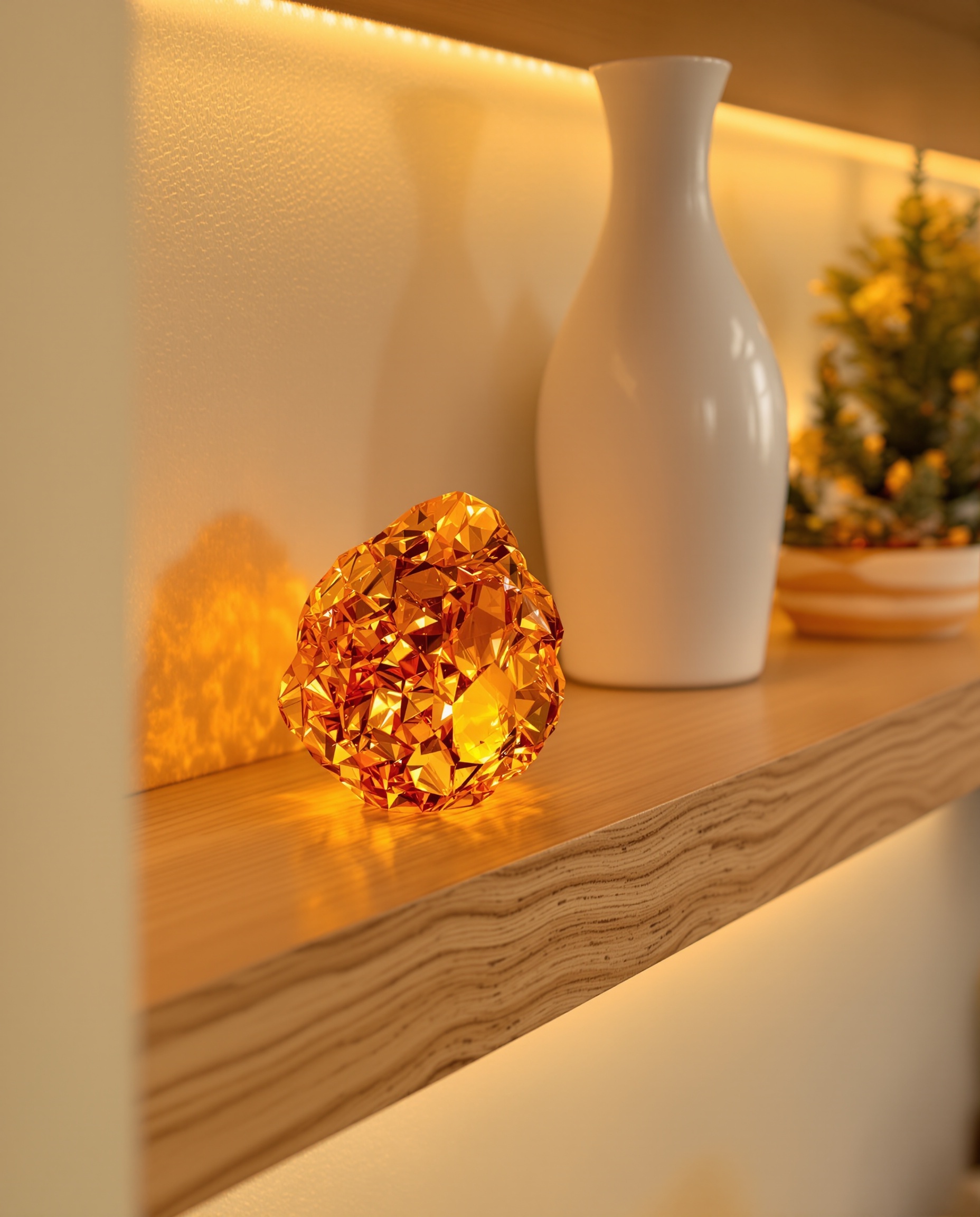 Déco intérieure moderne détail pièce décorative ambre naturel lumière chaude bois brut élégance subtile