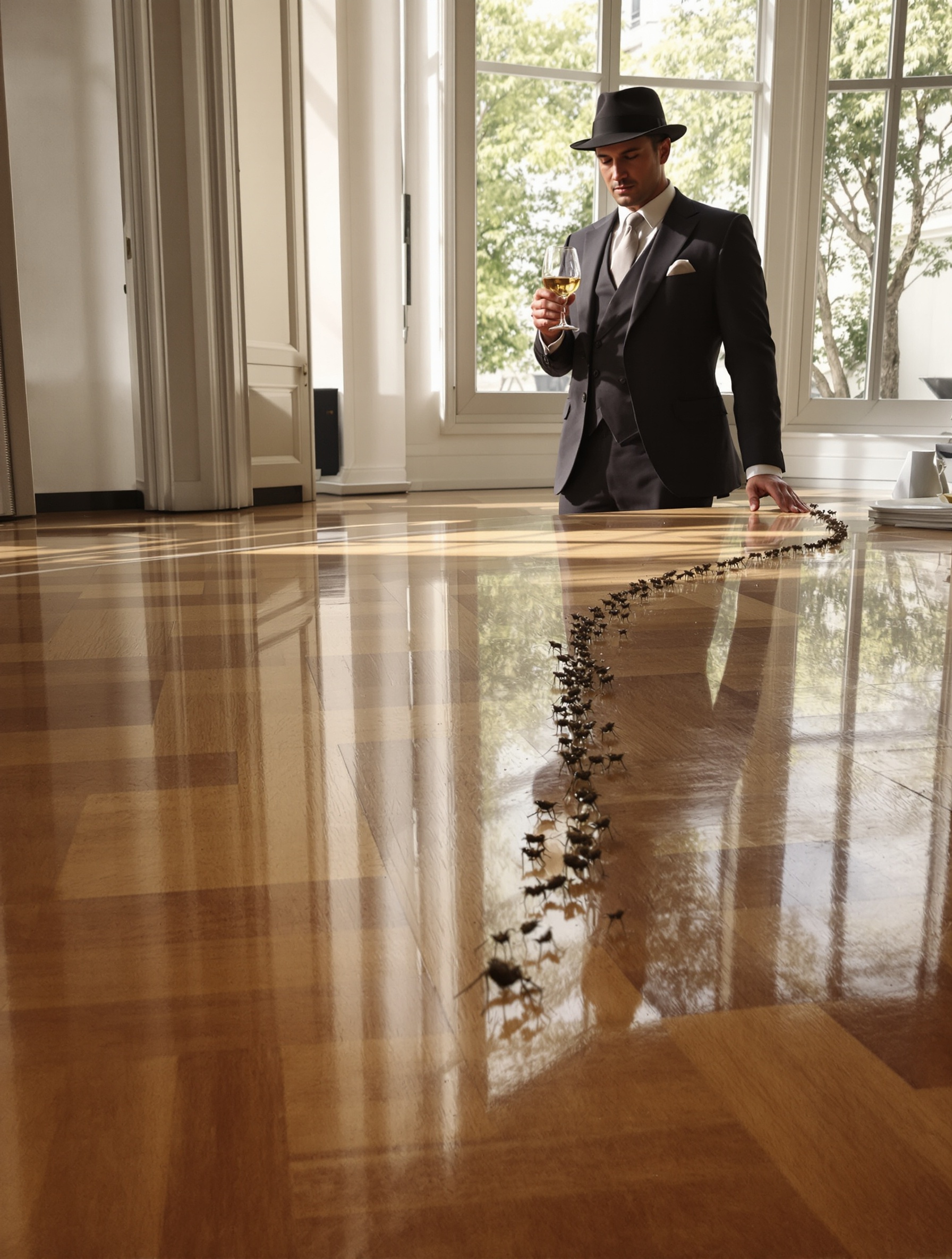 Détective chic traquant des fourmis sur parquet