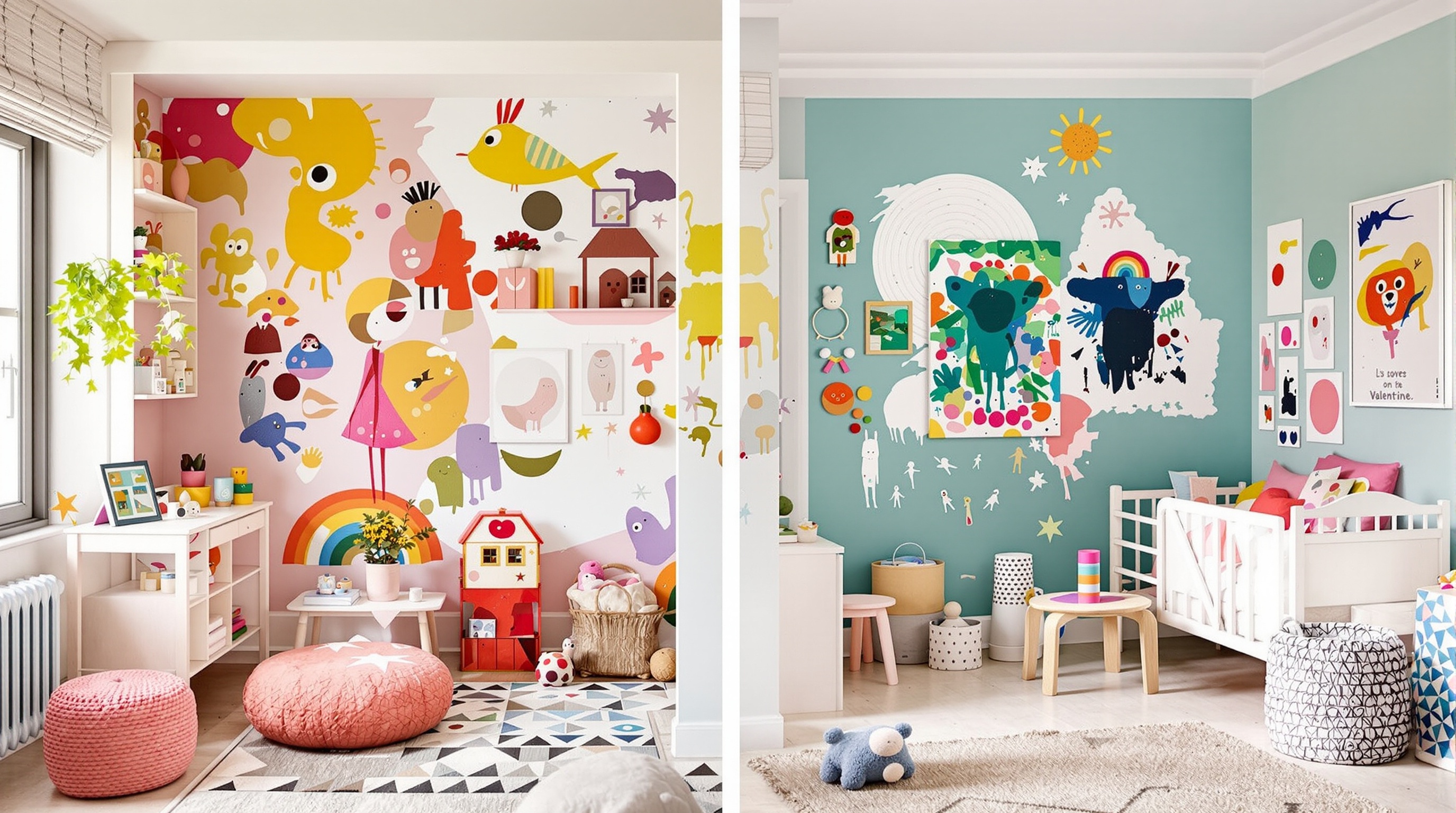 Deux espaces bien distincts en couleur et accessoires dans une chambre d'enfants chic.