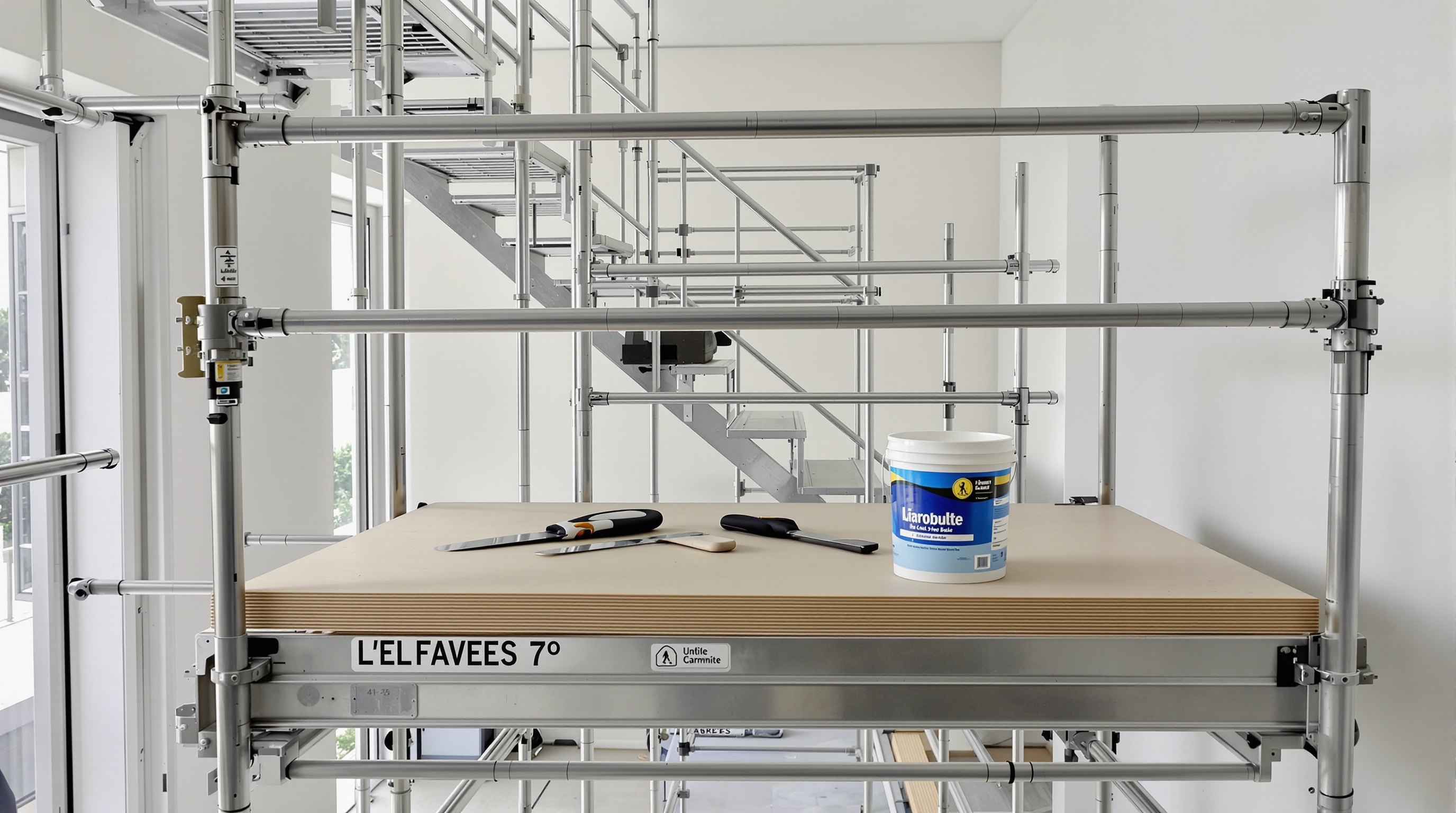 Échafaudage sécurisé outils pose papier peint panoramique escalier contemporain