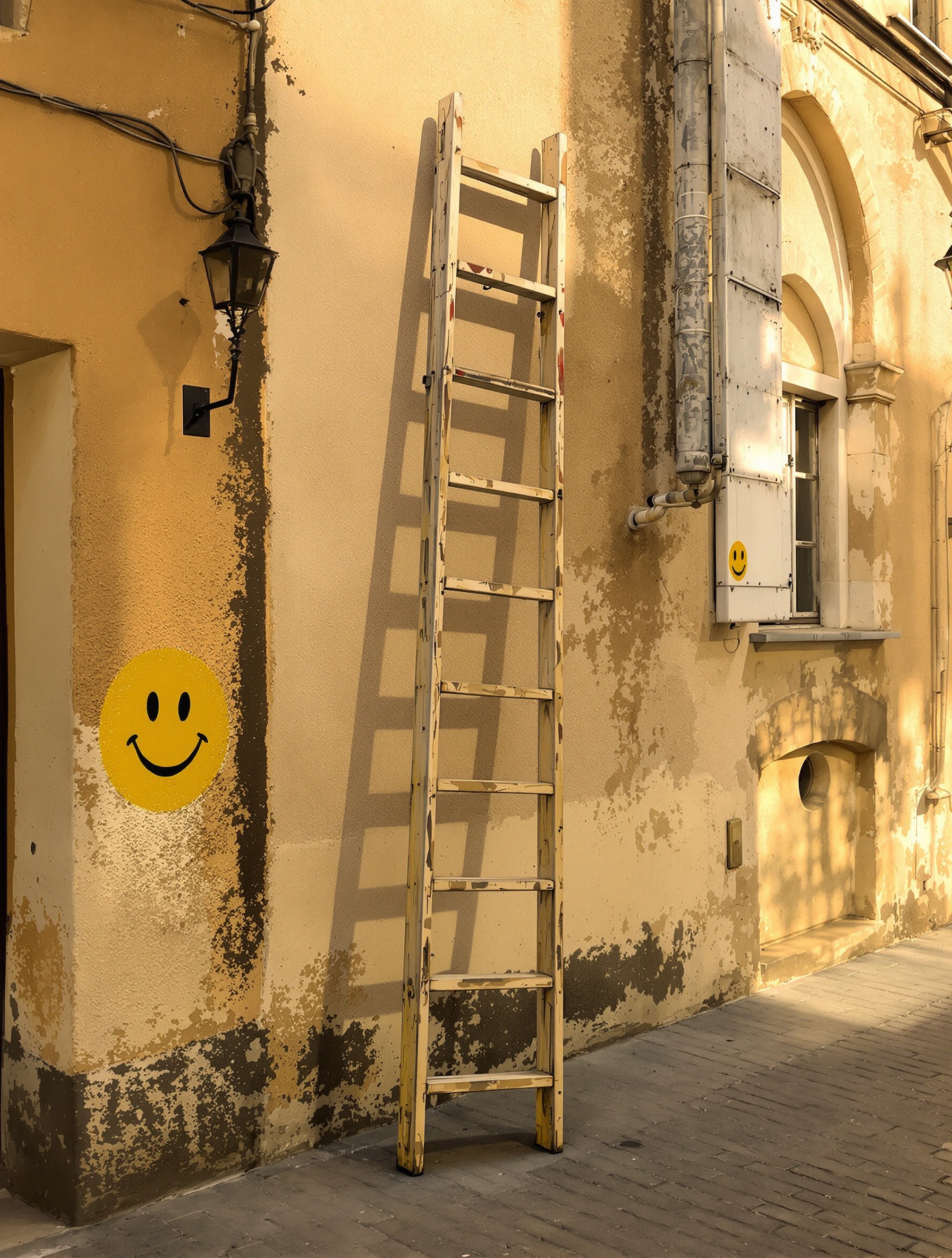 Un sourire discret peint au pied d'une échelle dans une rue parisienne