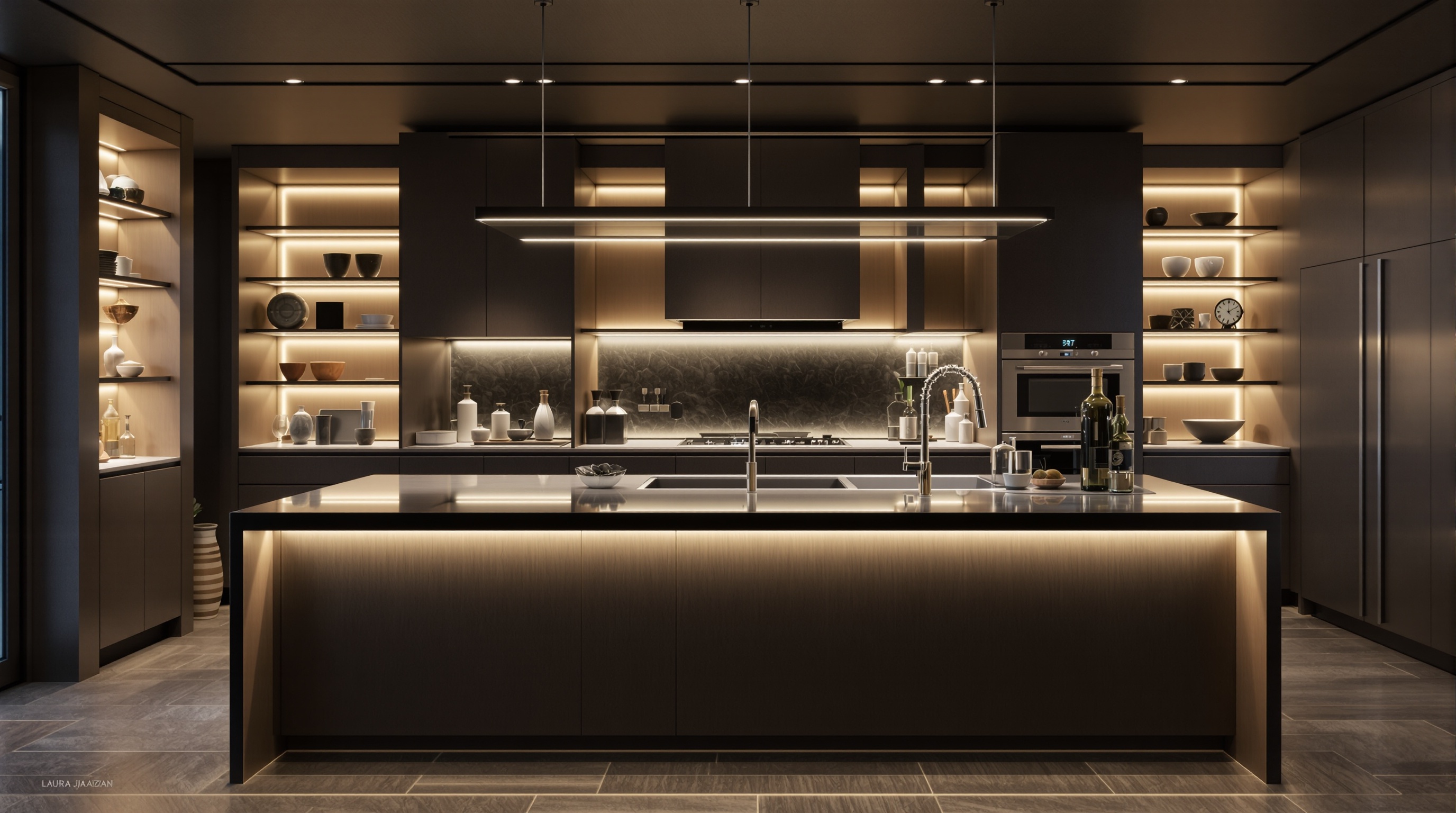 Éclairage intégré discret sous un îlot central contemporain avec bandeaux LED par Laura Djabourian