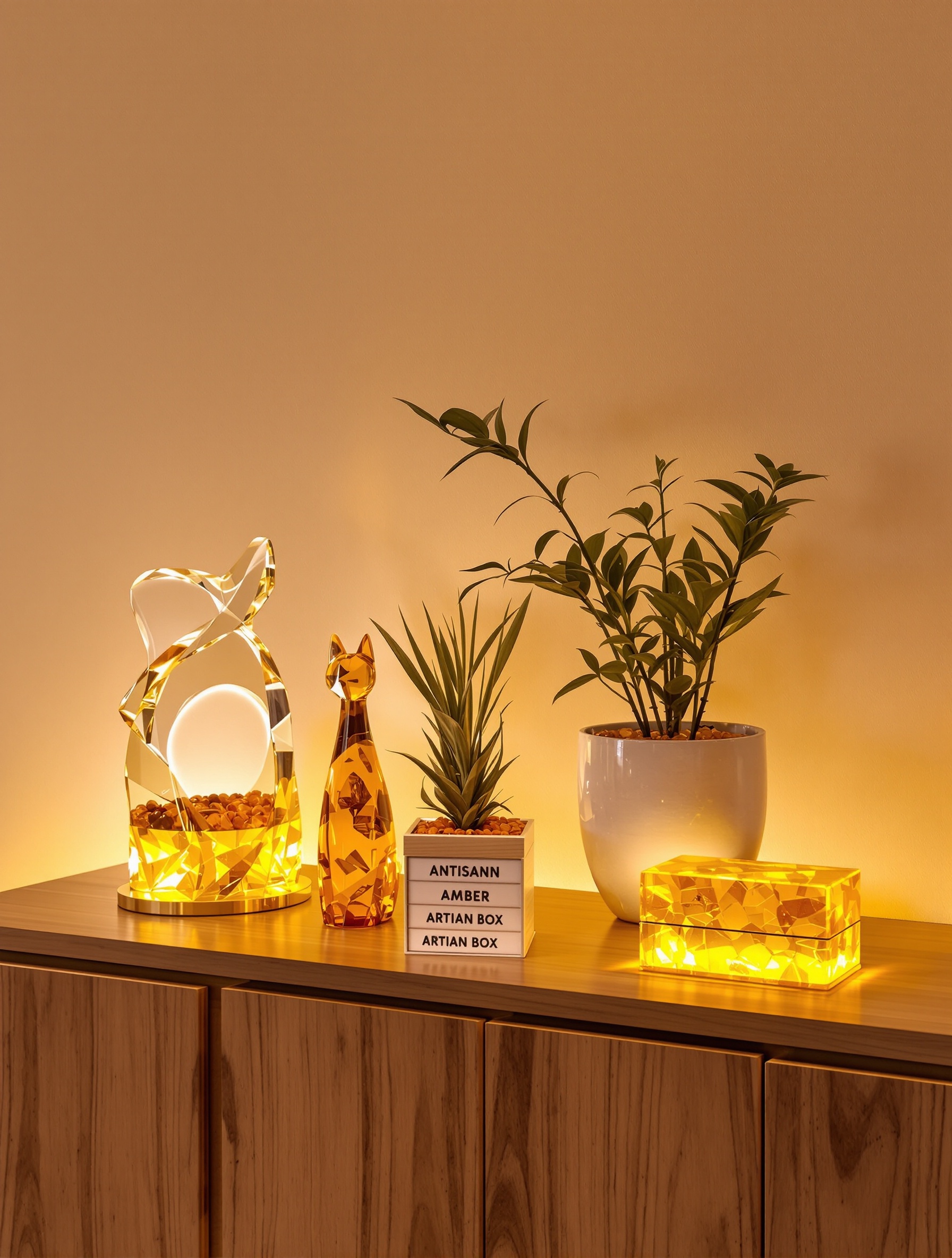 Objets décoratifs variés en ambre : sculpture abstraite, animal stylisé, gravier pour plante, bloc brut, boîte artisanale