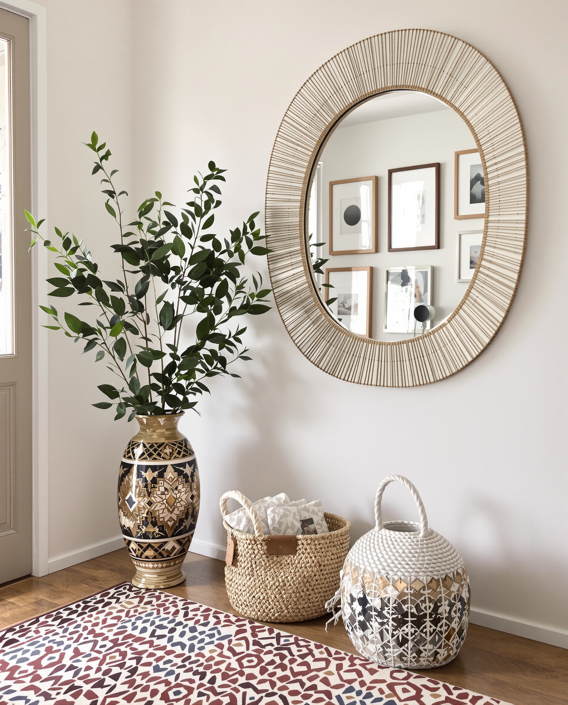 Entrée décorée avec soin accessoires déco plantes miroir cadre tapis