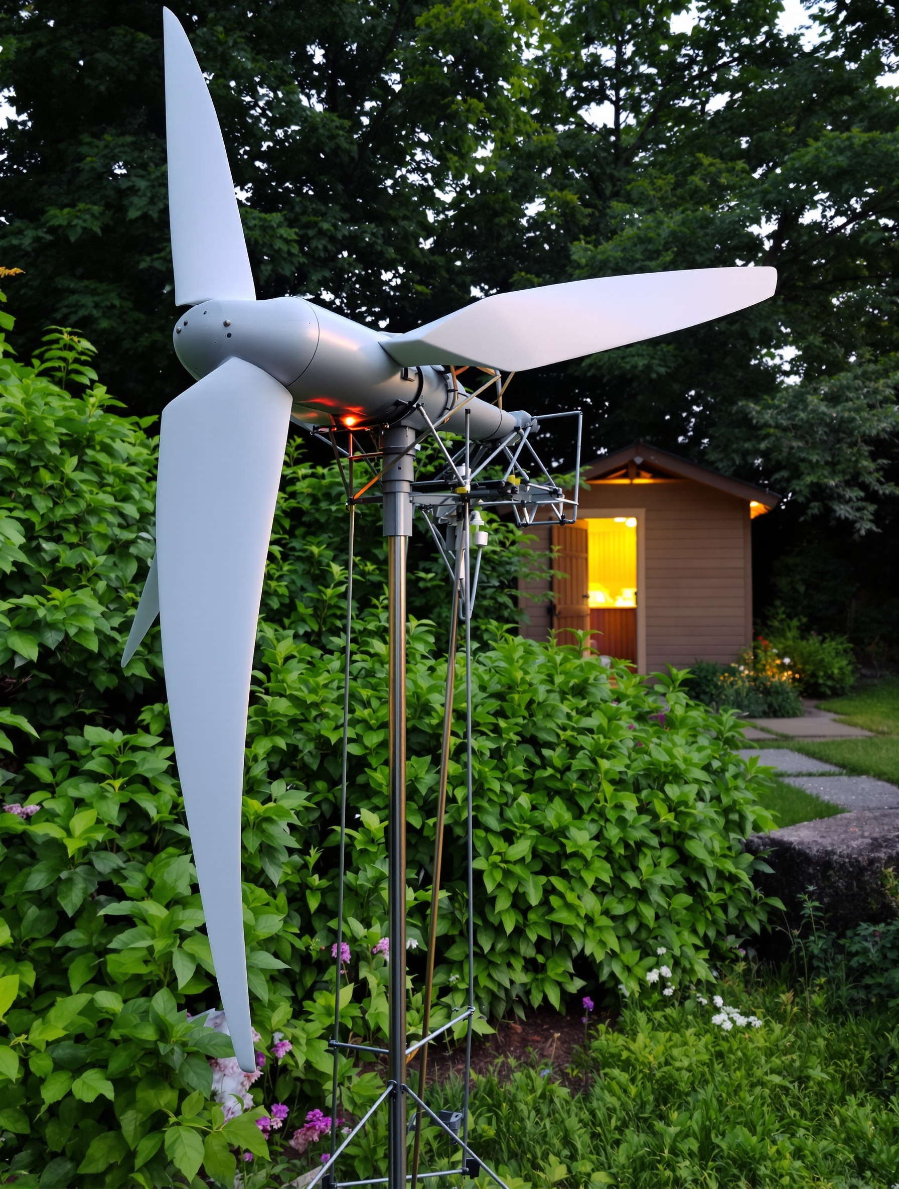 Éolienne DIY élégante dans un jardin verdoyant avec abri illuminé – réussite esthétique et technique