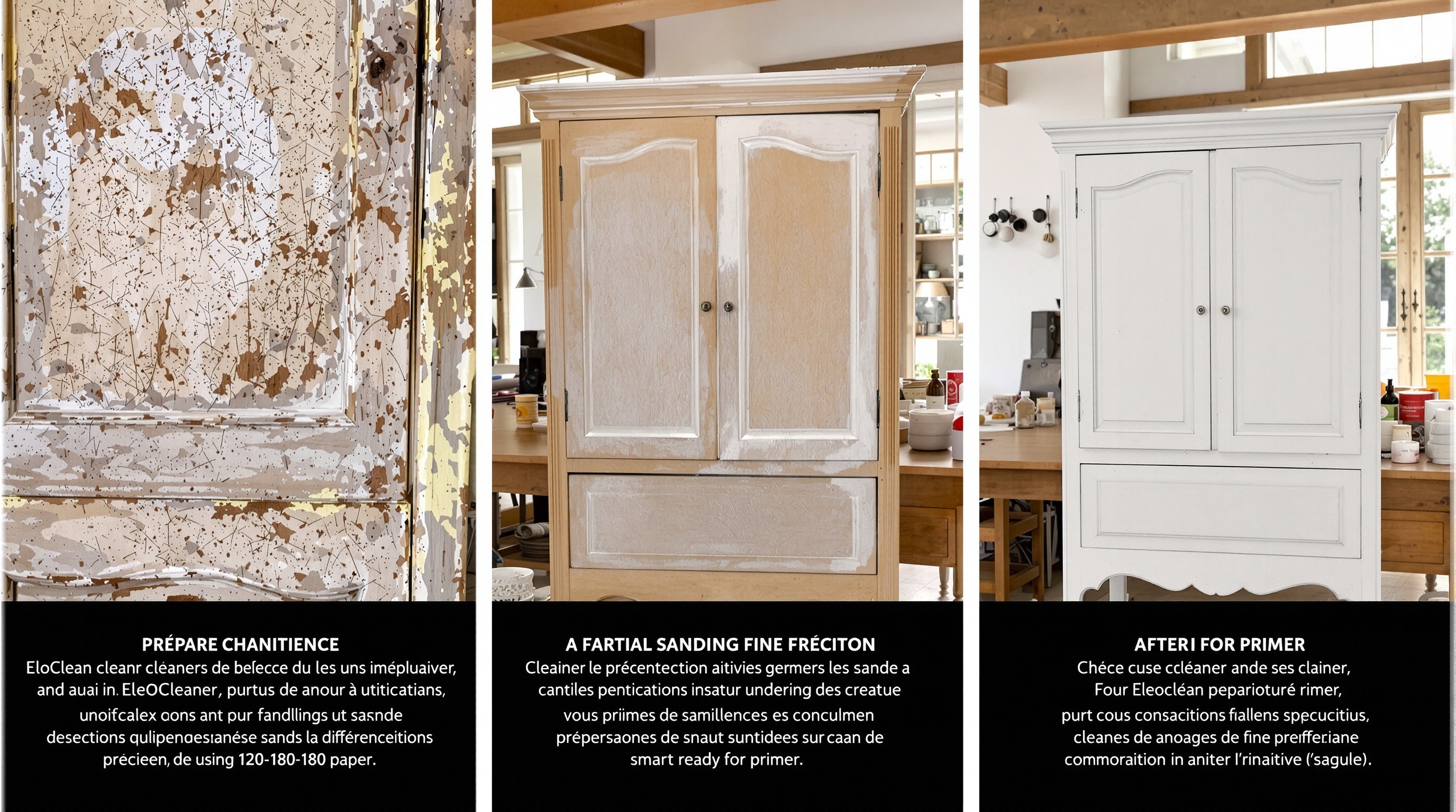 Étapes clés préparation meuble ancien relooking : nettoyage ponçage prêt à peindre