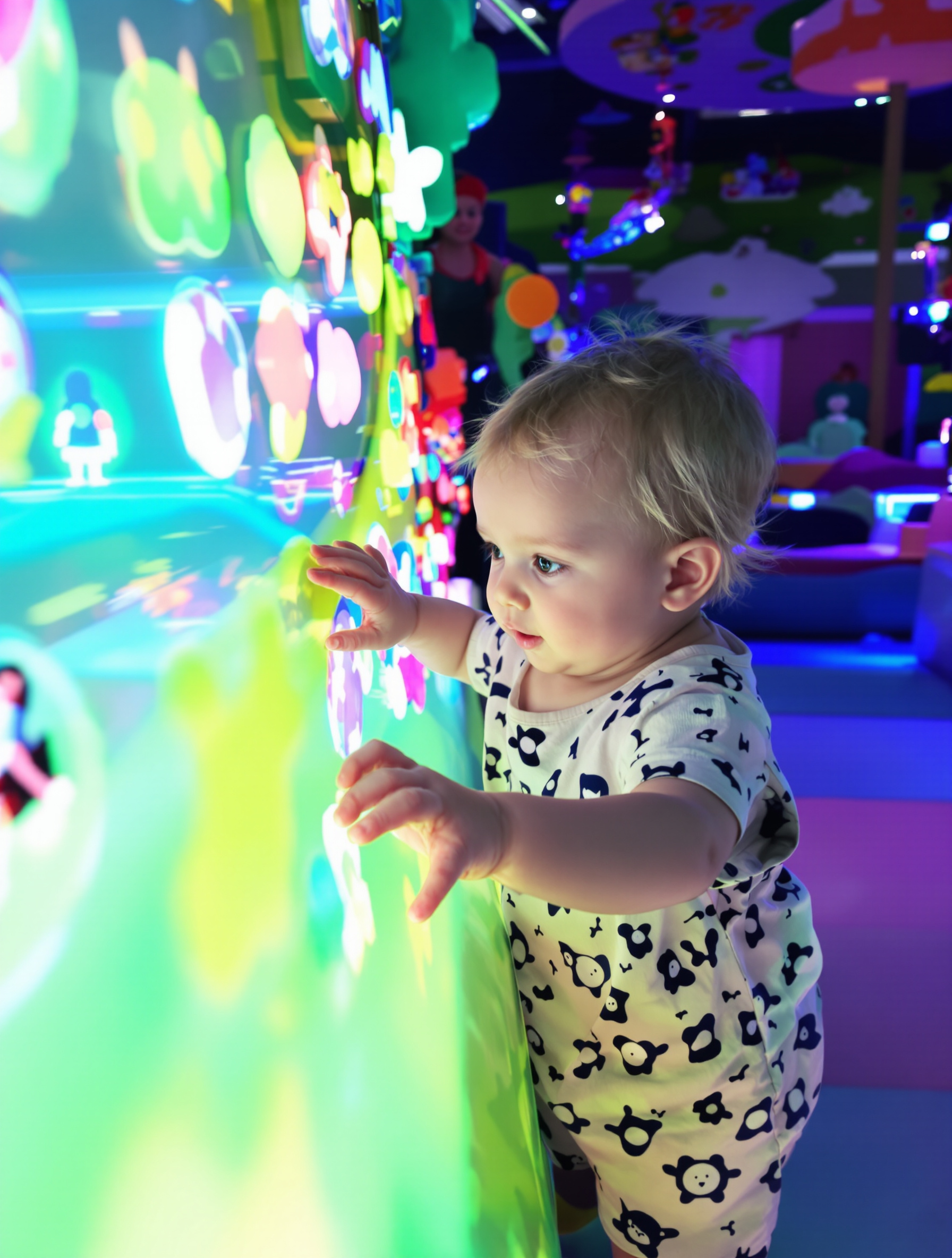 Un tout-petit explore un module sensoriel coloré à la Cité des Bébés.